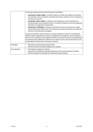 ICP mbH  ‐ 5 ‐  18.09.2014 
Il existe de nombreuses formes d'incinérateurs de déchets:
- Incinérateur à grille mobile : une grille mobile est utilisée pour déplacer les déchets 
vers le brûleur. Ainsi les déchets sont brûlés de manière uniforme et leur combustion 
maximum est assurée. 
- Incinérateur à four rotatif : les déchets sont chargés dans un four cylindrique et 
tournés pendant que les déchets brûlent. Ce type d'incinérateur est le plus largement 
utilisé dans les applications industrielles. 
- Incinérateur à lit fluidisé : les déchets alimentent un four où ils entrent en contact 
avec du sable porté à 850°C. De l'air est injecté, qui brasse les déchets et le sable afin 
d'assurer une combustion homogène. 
Le type d'incinérateur utilisé est basé sur le type de déchets à incinérer, la quantité de 
déchets à brûler (capacité) et les besoins spécifiques de l’installation. Comme indiqué ci‐
dessus le four rotatif est le plus largement utilisé car il permet de brûler très efficacement 
de nombreux types différents de déchets et la rotation du four permet de brûler tous les 
combustibles en entièrement et de façon uniforme. 
Avantages  - Réduction du volume entrant jusqu’à 95% 
- Permet de traiter les déchets dangereux et toxiques 
Inconvénients  - Technologie complexe et coûteuse 
- Nécessite une installation à grande échelle pour être économiquement rentable  
- Doit être équipé d’un dispositif de traitement des gaz toxiques 
 
   
 