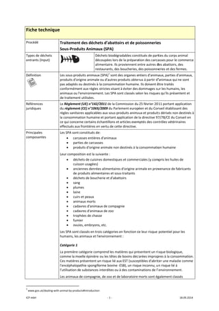 ICP mbH 
Fiche t
Procédé 
Types de 
entrants 
Définition
   
Référenc
juridique
Principale
composa
               
1
 www.gov.
technique
déchets 
(Input) 
n 
es 
s 
es 
ntes 
                      
.uk/dealing‐with‐
e 
Traitement
Sous‐Produ
Les sous‐prod
produits d'or
pas adaptés o
conforméme
animaux ou l
de traitemen
Le Règlemen
du règlemen
règles sanitai
la consomma
ce qui concer
effectués aux
Les SPA sont 
• carc
• part
• prod
Leur compos
• déch
cuiss
• anci
de p
• déch
• sang
• plum
• laine
• cuirs
• anim
• cada
• cada
• trop
• fum
• ovul
Les SPA sont 
humains, les 
Catégorie 1 
La première c
comme la mo
Ces matières 
l'encéphalop
l’utilisation d
Les animaux 
                       
‐animal‐by‐produ
t des déche
uits Animau
 
Dé
dé
ali
res
duits animaux
igine animale
ou destinés à 
nt aux règles 
'environneme
t utilisées. 
nt (UE) n°142/
t (CE) n°1069/
ires applicable
ation humaine
rne certains é
x frontières en
constitués de
asses entières
ties de carcass
duits d'origine
ition est la su
hets de cuisin
son usagées)
ennes denrée
produits alime
hets de bouch
g 
mes 
e 
s et peaux 
maux morts 
avres d'anima
avres d'anima
phées de chass
ier 
les, embryons
classés en tro
animaux et l'e
catégorie com
oelle épinière 
présentent u
athie spongifo
e substances 
de compagnie
ucts#introduction
‐ 1 ‐
ets d’abatto
ux (SPA) 
échets biodég
écoupées lors 
mentaire. Ils p
staurants, des
x (SPA)1
 sont d
e ou d'autres p
la consomma
strictes visant
ent. Les SPA so
/2011 de la Co
/2009 du Parl
es aux sous‐p
e et portant a
chantillons et
n vertu de cet
e: 
s d'animaux
ses 
e animale non
ivante : 
es domestiqu
es alimentaire
entaires et sou
herie et d'abat
aux de compag
aux de zoo 
se 
s, etc. 
ois catégories 
environneme
mprend les ma
ou les têtes d
un risque lié au
orme bovine ‐
interdites ou 
e, de zoo et d
n 
oirs et de po
radables cons
de la prépara
proviennent e
s boucheries, 
des organes e
produits obten
ation humaine
t à éviter des 
ont classés se
ommission du 
lement europ
roduits anima
pplication de 
t articles exem
tte directive.
n destinés à la 
ues et comme
es d'origine an
us‐traitants 
ttoirs 
gnie 
en fonction d
nt : 
atières qui pré
de bovins décl
ux EST (suscep
‐ESB), un risqu
à des contam
e laboratoire 
oissonnerie
stitués de part
tion des carca
entre autres d
des poissonne
ntiers d'anima
nus à partir d'
e. Ils doivent ê
dommages su
lon les risque
25 février 20
éen et du Con
aux et produit
la directive 97
mptés des con
consommatio
rciales (y com
nimale en prov
de leur risque 
ésentent un ri
larées improp
ptibles d'abrit
ue inconnu, u
minations de l’
morts sont ég
es 
ties du corps a
asses pour le c
des abattoirs, 
eries et des fe
aux, parties d
'animaux qui 
être traités 
ur les humain
es qu'ils prése
11 portant ap
nseil établissa
ts dérivés non
7/78/CE du Co
ntrôles vétérin
on humaine 
mpris les huiles
venance de fa
potentiel pou
sque biologiq
pres à la conso
ter une malad
n risque lié à 
environneme
galement clas
18.09.2014 
animal 
commerce 
des 
ermes. 
'animaux, 
ne sont 
s, les 
ntent et 
pplication 
nt des 
 destinés à 
onseil en 
naires 
s de 
abricants 
ur les 
ue, 
ommation. 
die comme 
ent. 
sés 
 