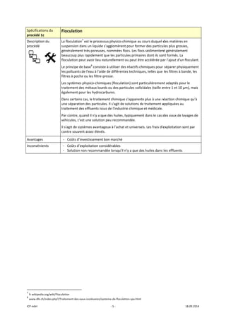 ICP mbH 
Spécificat
procédé 
Descriptio
procédé 
 
Avantage
Inconvén
 
 
               
7
 fr.wikiped
8
 www.dlk.
tions du 
1c 
on du 
     
es 
ients 
                      
dia.org/wiki/Flocu
ch/index.php?/T
Floculation
La floculation
suspension da
généralemen
beaucoup plu
floculation pe
Le principe de
les polluants 
filtres à poche
Les systèmes 
traitement de
également po
Dans certains
une séparatio
traitement de
Par contre, qu
véhicules, c'e
Il s'agit de sys
contre souve
- Coûts d’in
- Coûts d’e
- Solution n
 
                       
ulation 
raitement‐des‐ea
n 
n7
 est le proce
ans un liquide
t très poreuse
us rapidement
eut avoir lieu n
e base8
 consis
de l'eau à l'aid
e ou les filtre‐
physico‐chim
es métaux lou
our les hydroc
s cas, le traitem
on des particu
es effluents is
uand il n'y a q
st une solutio
stèmes avanta
nt assez élevé
nvestissement
xploitation co
non recomma
aux‐residuaires/s
‐ 5 ‐
essus physico‐
e s'agglomère
es, nommées 
t que les parti
naturellemen
ste à utiliser d
de de différen
‐presse. 
miques (flocula
urds ou des pa
carbures. 
ment chimiqu
ules. Il s'agit d
sus de l'indus
que des huiles
on peu recom
ageux à l'acha
és. 
t bon marché
onsidérables
andée lorsqu’i
systeme‐de‐flocu
chimique au c
nt pour forme
flocs. Les floc
icules primair
t ou peut être
des réactifs ch
ntes technique
ation) sont pa
articules colloï
ue s'apparente
e solutions de
strie chimique
s, typiquemen
mandée. 
at et universel
l n’y a que de
lation‐spa.html
cours duquel d
er des particu
cs sédimenten
es dont ils son
e accélérée pa
imiques pour 
es, telles que 
rticulièremen
ïdales (taille e
e plus à une ré
e traitement a
 et médicale. 
t dans le cas d
s. Les frais d'e
s huiles dans 
des matières 
ules plus gross
nt généraleme
nt formés. La 
ar l'ajout d'un
séparer phys
les filtres à ba
nt adaptés pou
entre 1 et 10 µ
éaction chimi
appliquées au 
des eaux de la
exploitation s
les effluents 
18.09.2014 
en 
ses, 
ent 
 floculant.
iquement 
ande, les 
ur le 
µm), mais 
que qu'à 
avages de 
ont par 
 