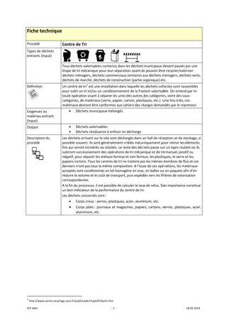 ICP mbH 
Fiche t
Procédé 
Types de 
entrants 
Définition
   
Exigences
matériau
(Input) 
Output 
Descriptio
procédé 
 
               
1
 http://ww
technique
déchets 
(Input) 
n 
s au 
 entrant 
on du 
 
                      
ww.cercle‐recycla
e 
Centre de T
     
Tous déchets
étape de tri m
déchets mén
déchets de m
Un centre de
pour subir un
toute opérat
catégories, d
matériaux de
• Déch
• Déch
• Déch
Les déchets a
possible couv
fins qui seron
subiront succ
négatif, pour
papiers carto
derniers n'on
acceptés son
réduire le vo
correspondan
A la fin du pr
un bon indica
Les déchets c
• Corp
• Corp
alum
                       
age.asso.fr/publi/
Tri  
     
s valorisables 
mécanique po
agers, déchet
marché, déche
e tri1
 est une in
n tri et/ou un 
ion visant à sé
e matériaux (v
evront être co
hets municipa
hets valorisab
hets résiduair
arrivant sur le
vert. Ils sont g
nt incinérés ou
cessivement d
r séparer les m
ons. Tous les c
nt pas tous la m
t conditionné
lume et le coû
ntes. 
ocessus, il est
ateur de la pe
concernés son
ps creux : verr
ps plats : jour
minium, etc. 
/vade/chap5/fich
‐ 1 ‐
        
contenus dan
our leur sépar
ts commerciau
ets de constru
nstallation da
conditionnem
éparer les une
verre, papier,
onformes aux 
aux mélangés
bles 
res à enfouir e
 site sont déc
généralement
u stockés. Le r
des opérations
métaux ferreu
centres de tri 
même compo
és en lot homo
ût de transpor
t possible de c
erformance du
nt : 
res, plastiques
rnaux et mag
he55.htm 
ns les déchets 
ation avant de
ux similaires a
ction (partie o
ns laquelle les
ment de la frac
es des autres 
, carton, plast
cahiers des ch
en décharge 
hargés dans u
criblés mécan
reste des déch
s de tri mécan
x et non‐ferre
ne traitent pa
osition. A l'issu
ogène en vrac
rt, puis expéd
calculer le tau
u centre de tri
s, acier, alumi
gazines, papie
municipaux d
e pouvoir être
aux déchets m
organique) etc
s déchets colle
ction valorisab
des catégorie
iques, etc.). U
harges deman
un hall de réce
niquement po
hets passe sur
nique et de tri
eux, les plastiq
s les mêmes n
ue de ces opé
c, en balles ou
iés vers les fil
x de refus. So
. 
nium, etc. 
rs, cartons, v
devant passés
e recycler/valo
ménagers, déc
c. 
ectés sont ras
ble. On enten
es, voire des so
Une fois triés, 
ndés par le rep
eption et de s
our retirer les 
r un tapis rou
i manuel, pos
ques, le verre 
nombres de f
rations, les m
u en paquets a
ières de valor
on importance
verres, plastiq
18.09.2014 
 par une 
oriser: 
chets verts, 
ssemblés 
d par tri 
ous‐
ces 
preneur. 
tockage, si 
éléments 
lant où ils 
itif ou 
et les 
lux et ces 
matériaux 
afin d'en 
risation 
e constitue 
ques, acier, 
 