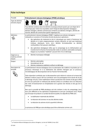 ICP mbH 
Fiche t
Procédé 
Types de 
entrants 
Définition
   
Exigences
matériau
(Input) 
Output 
Descriptio
procédé 
 
               
1
 Le Traitem
technique
déchets 
(Input) 
n 
s au 
 entrant 
on du 
 
                      
ment Mécano‐Bio
e 
Prétraitem
     
Tous déchets
mécanique p
déchets mén
marché, déch
Le prétraitem
résiduelles et
• des 
déch
(mét
com
• des 
tran
biog
• Déch
• Déch
• Ame
• Déch
Le prétraitem
processus  m
microbiologiq
Cette séparat
déchets à en
la décharge. 
de serre (en 
des coûts d’i
décharge. 
Bien que le p
buts sont dif
que d’essaye
• la st
• la ré
• la ré
 
Le processus 
                       
ologique des ordu
ment mécan
     
s contenus da
our retirer les
agers, déchet
hets de constr
ment mécano‐
t consiste en l
opérations d
hets  et  à  isol
taux,  plastiq
mbustibles à fo
opérations  b
sforment la fr
gaz) ou en pro
hets municipa
hets valorisab
endement de 
hets résiduair
ment mécano‐
mécanique  et 
que de décom
tion combinée
fouir jusqu’à 
De plus, la bio
particulier le 
investissemen
procédé de P
fférents et les
r de produire
tabilisation ma
éduction de la
éduction du vo
du PMB par v
ures ménagères, 
‐ 1 ‐
no‐biologiqu
        
ns les déchets
s recyclables a
ts commerciau
ruction (partie
‐biologique (P
l’intrication ét
e traitement 
er  progressiv
ques,  verre, 
ort pouvoir ca
biologiques  te
raction ferme
oduits "stabilis
aux mélangés
bles 
sol 
res stabilisés à
‐biologique vis
à  la  stabilis
mposition de le
e avec la déco
50 % et contr
o‐stabilisation
méthane) de
nt et d’exploi
PMB aérobiqu
s opérations d
e un produit de
aximale des d
a teneur en ea
olume et de la
voie aérobiqu
Les Avis de l’ADE
ue (PMB) aé
s municipaux
avant l’étape 
ux similaires a
e organique) e
PMB)1
 s’appliq
troite de plusi
et de tri méc
vement  certai
etc.),  déch
lorifique ; 
elles  que  le  c
entescible isolé
sés" pouvant ê
à enfouir en d
se à la valoris
sation  des  dé
eur fraction fe
omposition pe
ribuer ainsi à 
n limite la prod
s déchets enf
tation de la g
ue soit très si
d’exploitation 
e bonne quali
échets 
au des déchets
a quantité à é
e peut être sc
EME, 8 mars 2012
érobique  
devant passé
de décompos
aux déchets m
etc. 
ue aux ordure
ieurs opératio
caniques qui 
ns  éléments 
hets  fermen
ompostage  o
ée en produit
être mis en dé
écharge
ation des mat
échets  ménag
ermentescible
eut réduire le 
la prolongatio
duction des lix
fouis et contri
gestion des li
milaire à celu
le sont par c
té, les objecti
s traités 
liminer. 
chématisé com
2 
s par une éta
sition biologiq
ménagers, déc
es ménagères
ons : 
visent à fract
en  tant  que 
ntescibles  ou
ou  la  méthan
ts valorisables
écharge. 
tières recyclab
gers  par  un 
e. 
 volume et la 
on de la durée
xiviats et des 
ibue ainsi à la
ixiviats et des
ui du compos
conséquent au
ifs du PMB so
mme suit : 
18.09.2014 
pe de tri 
ue : 
chets de 
s 
tionner les 
matériaux 
u  déchets 
isation  qui 
s (compost, 
bles par un 
processus 
masse des 
e de vie de 
gaz à effet 
a réduction 
s gaz de la 
tage, leurs 
ussi. Plutôt 
nt : 
 