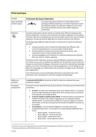 ICP mbH 
Fiche t
Procédé 
Types de 
entrants 
Définition
   
Référenc
juridique
Principale
composa
 
               
1
 www.futu
2
 fr.wikiped
technique
déchets 
(Input) 
n 
es 
s 
es 
ntes 
                      
ura‐sciences.com/
dia.org/wiki/Boue
e 
Traitement
 
 
 
Les boues d’é
stations d’ép
minérales. El
organique. Ce
On distingue 
épuratif :  
• les b
cont
• les b
cont
• les b
Elles
En fonction d
leur teneur e
risques de co
agricole, sous
phase de com
avec cogénér
Si les infrastr
valorisation, 
 
La Directive 9
résiduaires u
Une boue2
 es
caractériser :
• la si
le po
10 %
• le ta
mat
vola
sèch
une 
• la co
man
sicci
 
                       
/magazines/envi
es_d%27%C3%A9
t des boues
Les
pri
de
co
mi
épurations son
uration. Ces b
les sont carac
es deux param
donc différen
boues primair
tiennent géné
boues physico
tiennent en p
boues biologiq
s sont riches e
de leurs destin
n eau, pour le
ontamination 
s forme d’ame
mpostage, par
ration. 
uctures ou les
elles sont plac
91/271/CEE d
rbaines. 
st aussi représ
 
iccité : les bou
ourcentage m
% présente un
aux de matièr
ières minérale
tiles sèches. L
he totale. Le s
échelle. 
onsistance : c’
nipulation des
té. 
o Boues liq
o Boues pâ
o Boues so
o Boues sè
ronnement/infos
9puration#cite_n
‐ 1 ‐
s d’épuratio
s boues d’épu
incipaux déch
es effluents liq
nstitués de ba
inéralisée. 
nt des résidus
boues sont co
ctérisées par l
mètres dépen
nts types de b
es sont le rés
éralement un 
o‐chimiques so
lus certains p
ques sont le p
en matière org
nées, les boue
es stabiliser et
biologique. El
endement de 
r méthanisatio
s caractéristiq
cées en centr
du Conseil du 2
sentée par plu
ues sont const
massique de m
ne humidité de
res volatiles sè
es et de matiè
La concentrat
uivi de ce tau
’est une donn
s boues. La co
quides : siccité
âteuses : sicci
olides : siccité 
èche : siccité s
s/dico/d/develop
ote‐23 
on 
uration (urbain
hets produits p
quides. Ces séd
actéries morte
s du traitemen
nstituées de m
eur taux de m
dent du mode
oues1
, en fon
ultat de la déc
taux de matiè
ont proches d
roduits flocula
produit d’un tr
ganique. 
es subissent d
t empêcher le
les peuvent e
sol après pas
on avec produ
ques des boue
e de stockage
21 Mai 91 rela
usieurs donné
tituées d’eau 
matière sèche. 
e 90 %. 
èches (MVS) :
ères organiqu
ion en MVS e
x permet de c
née obligatoire
nsistance est 
é de 0 à 10 %
té de 10 à 25
de 25 à 85 %
supérieure à 8
ppement‐durable
nes ou indust
par une statio
diments résid
es et de matiè
nt des effluen
matières orga
matière sèche 
e de traitemen
ction de la na
cantation des 
ère minérale é
es boues prim
ant ; 
raitement bac
ifférents traite
eur fermentat
ensuite être va
sage dans un 
uction de biog
es ne permette
e (monodécha
ative au traite
ées numérique
et de matière
Ainsi une bou
: la matière sè
es qui sont ap
st un taux par
connaître la st
e à connaître 
un état physiq
% 
85 % 
‐boue‐epuration
rielles) sont le
on d'épuration
duaires sont su
ère organique
nts liquides pa
aniques et de 
et leur taux d
nt des effluen
ature du traite
s effluents. Elle
élevé ; 
maires, mais 
ctérien des eff
ements pour 
tion et pour ré
alorisées par é
lit de séchage
gaz ou par inci
ent pas cette 
arge). 
ement des eau
es qui permet
es sèches. La s
ue avec une si
èche est const
ppelées matiè
r rapport à la 
tabilité d’une 
pour toute 
que dépendan
‐7637/ 
18.09.2014 
es 
n à partir 
urtout 
e 
r des 
matières 
e matière 
nts. 
ement 
es 
fluents. 
réduire 
éduire les 
épandage 
e ou une 
inération 
ux 
ttent de la 
siccité est 
iccité de 
tituée de 
ères 
matière 
boue sur 
nt de la 
 