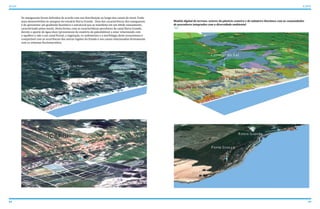 48 49
ATLAS ICAPUÍ
Os manguezais foram definidos de acordo com sua distribuição ao longo dos canais de maré. Estão
mais desenvolvidos às margens do estuário Barra Grande. Uma das características dos manguezais
é de apresentar um gradiente faunístico e estrutural que se manifeste em um nítido zoneamento,
caracterizado pelas marés. Desta forma, com as características peculiares do canal Barra Grande,
devido o aporte de água doce (proveniente do exutório da paleofalésia) a estar relacionado com
o aquífero e não a um canal fluvial, a vegetação, os sedimentos e a morfologia deste ecossistema é
comparável com as ocorrências das outras regiões do Estado e aos canais relacionados diretamente
com os sistemas fluviomarinhos.
Modelo digital do terreno: setores da planície costeira e do tabuleiro litorâneo com as comunidades
de pescadores integradas com a diversidade ambiental
 