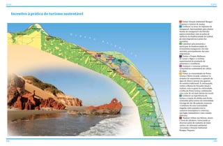 152 153
ATLAS ICAPUÍ
1 Visitar Estação Ambiental Mangue
Pequeno e viveiros de mudas.
2 Conhecer as áreas de replantio de
manguezal. Oportunidade para plantar
mudas de manguezal e da floresta
nativa (contribuir com as ações de
melhoria da biodiversidade do habitat
de aves migratórias e peixe-boi
marinho).
3 Caminhar pela passarela e
participar da biodiversidade do
ecossistema manguezal e da vida
marinha, principalmente das aves
migratórias.
4 Visitar o Projeto Mulheres
de Corpo e Algas e a cozinha
experimental de produção de
alimentos e cosméticos.
5 Conhecer e vivenciar práticas
comunitárias sustentáveis de cultivo
de algas.
6 Visitar as comunidades de Ponta
Grossa e Retiro Grande, conhecer os
projetos de saneamento e captação de
água de chuva e provar das iguarias
da cozinha tradicional. À continuação,
visitar o Museu do Pescador Josué e
realizar, com os guias da comunidade,
a trilha de Ponta Grossa, culminando
com o por do sol mais bonito do Ceará!
7 Conhecer as experiências de
hortas e criação de abelha sem ferrão
relaizadas pelos jovens da comunidade
Córrego do Sal. Ali poderão vivenciar
o cotidiano de uma comunidade
singular, toda saneada com os
canteiros biossépticos e cisternas,
um fogão comunitário e uma comida
deliciosa.
8 Realizar trilhas nas falésias, dunas
e mata de tabuleiro, vivenciando as
diversas ações de replantio de mata
nativa e de educação ambiental
vinculadas à Estação Ambiental
Mangue Pequeno.
Incentivo à prática do turismo sustentável
 
