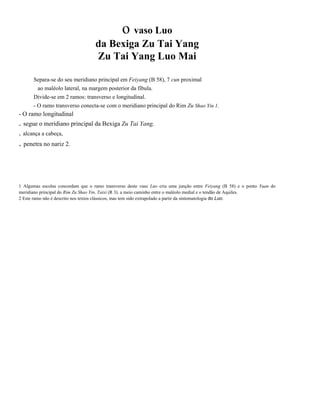 o vaso Luo
da Bexiga Zu Tai Yang
Zu Tai Yang Luo Mai
Separa-se do seu meridiano principal em Feiyang (B 58), 7 cun proximal
ao maléolo lateral, na margem posterior da fíbula.
Divide-se em 2 ramos: transverso e longitudinal.
- O ramo transverso conecta-se com o meridiano principal do Rim Zu Shao Yin 1.

- O ramo longitudinal

. segue o meridiano principal da Bexiga Zu Tai Yang,
. alcança a cabeça,

. penetra no nariz 2.

1 Algumas escolas concordam que o ramo transverso deste vaso Luo cria uma junção entre Feiyang (B 58) e o ponto Yuan do
meridiano principal do Rim Zu Shao Yin, Taixi (R 3). a meio caminho entre o maléolo medial e o tendão de Aquiles.
2 Este ramo não é descrito nos textos clássicos, mas tem sido extrapolado a partir da sintomatologia do Luo.

 