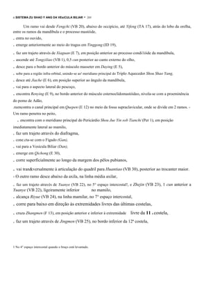 o SISTEMA ZU SHAO Y ANG DA VEsíCULA BILlAR

- 205

Um ramo vai desde Fengchi (VB 20), abaixo do occipício, até Yifeng (TA 17), atrás do lobo da orelha,
entre os ramos da mandíbula e o processo mastóide,

. entra no ouvido,
. emerge anteriormente ao meio do tragus em Tinggong (ID 19),

. faz um trajeto através de Xiaguan (E 7), em posição anterior ao processo condi1óide da mandíbula,
. ascende até Tongziliao (VB 1), 0,5 cun posterior ao canto externo do olho,

. desce para o bordo anterior do músculo masseter em Daying (E 5),
. sobe para a região infra-orbital, unindo-se ao' meridiano principal do Triplo Aquecedor Shou Shao Yang,
. desce até Jiache (E 6), em posição superior ao ângulo da mandíbula,
. vai para o aspecto lateral do pescoço,

. encontra Renying (E 9), no bordo anterior do músculo esternoclidomastóideo, nivela-se com a proeminência
do pomo de Adão,
.reencontra o canal principal em Quepen (E 12) no meio da fossa supraclavicular, onde se divide em 2 ramos. Um ramo penetra no peito,

. encontra com o meridiano principal do Pericárdio Shou Jue Yin sob Tianchi (Per 1), em posição
imediatamente lateral ao mamilo,

. faz um trajeto através do diafragma,
. cone.cta-se com o Fígado (Gan),

. vai para a Vesícula Biliar (Dan),
. emerge em Qichong (E 30),

. corre superficialmente ao longo da margem dos pêlos pubianos,

. vai tran&versalmente à articulação do quadril para Huantiao (VB 30), posterior ao trocanter maior.
- O outro ramo desce abaixo da axila, na linha média axilar,

.

faz um trajeto através de Yuanye (VB 22), no 5° espaço intercostal!, e Zhejin (VB 23), 1 cun anterior a

Yuanye (VB 22), ligeiramente inferior

no mamilo,

. alcança Riyue (VB 24), na linha mamilar, no 7° espaço intercostal,

. corre para baixo em direção às extremidades livres das últimas costelas,
. cruza Zhangmen (F 13), em posição anterior e inferior à extremidade

livre da 11 a costela,

. faz um trajeto através de Jingmen (VB 25), no bordo inferior da 12ª costela,

1 No 4° espaço intercostal quando o braço está levantado.

.

 