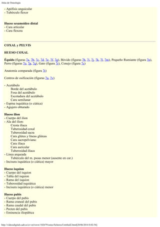 Atlas de Osteología
http://videosdigitals.uab.es/cr-vet/www/102679/osteo/ficheros/Untitled2.html[20/06/2014 0:02:56]
- Apófisis unguicular
- Tubérculo flexor
 
 
Hueso sesamoideo distal
- Cara articular
- Cara flexora
 
 
COXAL y PELVIS
 
HUESO COXAL
 
Équido (figuras 7a, 7b, 7c, 7d, 7e, 7f, 7g), Bóvido (figuras 7h, 7i, 7j, 7k, 7l, 7m), Pequeño Rumiante (figura 7n),
Perro (figuras 7o, 7p, 7q), Gato (figura 7r), Conejo (figura 7s)
 
Anatomía comparada (figura 7t)
 
Centros de osificación (figuras 7u, 7v)
 
- Acetábulo
        Borde del acetábulo
        Fosa del acetábulo
        Escotadura del acetábulo
        Cara semilunar
- Espina isquiática (o ciática)
- Agujero obturado
 
Hueso ilion
- Cuerpo del ilion
- Ala del ilion:
        Cresta ilíaca
        Tuberosidad coxal
        Tuberosidad sacra
        Cara glútea y líneas glúteas
        Cara sacropelviana:
        Cara ilíaca
        Cara auricular
        Tuberosidad ilíaca
- Línea arqueada
        Tubérculo del m. psoas menor (ausente en car.)
- Incisura isquiática (o ciática) mayor
 
Hueso isquion
- Cuerpo del isquion
- Tabla del isquion
- Rama del isquion
- Tuberosidad isquiática
- Incisura isquiática (o ciática) menor
 
Hueso pubis
- Cuerpo del pubis
- Rama craneal del pubis
- Rama caudal del pubis
- Pecten del pubis
- Eminencia iliopúbica
 