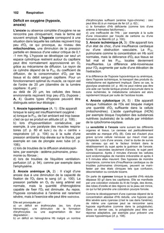 102       Respiration

Déficit en oxygène (hypoxie,                            d'érythrocytes suffisant (anémie hypo-chrome) : ceci
                                                        peut être dû à un manque de fer (cf. p. 62) ;
anoxie)                                                 c) la formation d'Hb déficiente (comme lors d'une
L'anoxie ou absence complète d'oxygène ne se            anémie à hématies falciformes) ;
                                                        d) une inefficacité de l'Hb : par exemple à la suite
rencontre pas cliniquement, mais le terme est
                                                        d'une intoxication par l'oxyde de carbone ou d'une
souvent employé. L'hypoxie correspond à une             formation de Met-Hb (cf. p. 100).
situation dans laquelle les cellules reçoivent trop     3. Anoxie ischémique (A, 3) : Elle apparaît lors
peu d'O2, ce qui provoque, au niveau des                d'un état de choc, d'une insuffisance cardiaque
mitochondries, une diminution de la pression            ou d'une obstruction vasculaire, La PO2,
partielle en dessous d'une valeur critique de 0,1       pulmonaire comme la concentration en Hb sont
-1 mm Hg. L'hypoxie se développe car seul un            normales, mais la délivrance d'O2 aux tissus se
espace cylindrique restreint autour du capillaire       fait mal et les PO2, locales deviennent
peut être normalement approvisionné en O2               insuffisantes. La différence arté-rioveineuse
grâce au mécanisme de diffusion. Le rayon de            pour l'O2 augmente par suite d'une élévation de
ce cylindre dépend de la PO2, du coefficient de         l'extraction.
diffusion, de la consommation d'O2 par les
tissus et du débit sanguin capillaire. Pour un          A la différence de l'hypoxie hypoxémique ou anémique,
                                                        dans l'hypoxie ischémique, le transport des produits du
fonctionnement optimal du muscle, ce rayon est          métabolisme est également impliqué. Dans ce cas, la
de l'ordre de 20 µm (diamètre de la lumière             glycolyse anaérobie (cf. p. 46) ne peut même pas être
capillaire : 6 µm) :                                    une aide car l'acide lactique produit s'accumule dans la
au delà de 20 µm, les cellules des tissus               zone ischémiée; le métabolisme cellulaire est alors
environnants reçoivent trop peu d'O2 (hypoxie ;         rapidement bloqué par suite de l'acidose locale.
A, 4). Quatre types d'hypoxie peuvent être
                                                        4. Anoxie cytotoxique (A, 5) : Elle apparaît
distingués selon leur étiologie :                       lorsque l'utilisation de l'Os est bloquée malgré
1. Anoxie hypoxémique (A, 1) : Elle apparaît            une quantité d'O2 suffisante dans la cellule
lorsque le sang est insuffisamment oxygéné :            (mitochondries). L'acide cyanhydrique (HCN)
a) lorsque la PO2, de l'air ambiant est trop basse      par exemple bloque l'oxydation des substances
c'est ce qui se produit en altitude (cf. p. 108) ;      nutritives (substrats) de la cellule par inhibition
b) lors d'hypoventilation consécutive, par              de la cytochrome-oxydase.
exemple, à une paralysie des muscles respira-           La sensibilité à l'anoxie varie suivant les différents
toires (cf. p. 80 et suiv.) ou du « centre »            organes et tissus. Le cerveau est particulièrement
respiratoire (cf. p. 104) ou à la suite d'une           sensible au manque d'O2 (B). Cela est d'autant plus
pression ambiante trop élevée sur le thorax, par        grave qu'une cellule nerveuse qui meurt n'est pas
exemple en cas de plongée avec tuba (cf. p.             remplacée. Lors d'une anoxie, c'est la durée de survie
106);                                                   du cerveau qui est le facteur limitant dans le
                                                        rétablissement du sujet après la guérison de l'anoxie.
c) lors de troubles de la diffusion alvéolocapil-       Après 15 secondes seulement d'anoxie, le sujet perd
laire, par exemple : œdème pulmonaire, pneu-            connaissance. Après 2 minutes d'anoxie les cellules
monie ou fibrose ;                                      sont endommagées de manière irréversible et après 4
d) lors de troubles de l'équilibre ventilation-         à 5 minutes elles meurent. Des hypoxies de moindre
perfusion (cf. p. 94), comme par exemple dans           importance, comme lors d'insuffisance cardiaque ou de
l'emphysème.                                            troubles pulmonaires chroniques, peuvent se mani-
                                                        fester par des états cliniques tels que confusion,
2. Anoxie anémique (A, 2) : II s'agit d'une             désorientation ou conduite bizarre.
anoxie due à une diminution de la capacité de           On parle de cyanose lorsque la quantité d'Hb réduite
fixation de l'O2 dans le sang (cf. p. 100). La          dépasse 50 g/l dans les capillaires. Elle se manifeste
pression partielle en O2 du sang artériel est           par une coloration violacée du lit de l'ongle, des lèvres,
normale, mais la quantité d'hémoglobine                 des lobes d'oreille et des régions où la peau est mince,
capable de fixer l'O2 est diminuée. Au repos.           ce qui lui fait prendre une coloration pourpre foncée.
l'hypoxie consécutive à l'anémie est rarement           Comme le développement d'une cyanose dépend de la
sévère, mais à l'exercice elle peut être restrictive.   concentration absolue d'Hb réduite, une hypoxie peut
                                                        être sévère sans cyanose (c'est le cas dans l'anémie),
Elle est provoquée par :                                de même une cyanose peut se rencontrer sans
a) un déficit en érythrocytes (ex. lors d'une           hypoxie significative (comme dans la polyglobulie).
hémorragie), une diminution de la formation             Dans ce dernier cas, la polyglobulie peut être une
d'érythrocytes ou une augmentation de leur              réponse adaptative, par exemple pour prévenir une
dégradation ;                                           anoxie hypoxémique (cf. p. 108).
b) un déficit en hémoglobine Hb malgré un nombre
 