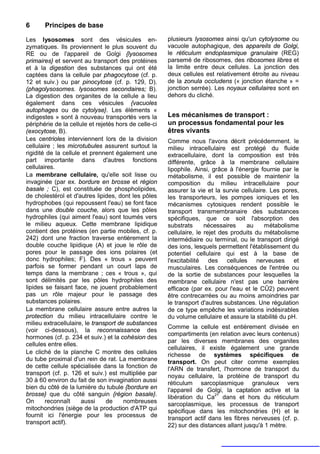 6      Principes de base

Les lysosomes sont des vésicules en-                   plusieurs lysosomes ainsi qu'un cytolysome ou
zymatiques. Ils proviennent le plus souvent du         vacuole autophagique, des appareils de Golgi,
RE ou de l'appareil de Golgi {lysosomes                le réticulum endoplasmique granulaire (REG)
primaires} et servent au transport des protéines       parsemé de ribosomes, des ribosomes libres et
et à la digestion des substances qui ont été           la limite entre deux cellules. La jonction des
captées dans la cellule par phagocytose (cf. p.        deux cellules est relativement étroite au niveau
12 et suiv.) ou par pinocytose (cf. p. 129, D).        de la zonula occludens (« jonction étanche » =
(phagolysosomes. lysosomes secondaires; B).            jonction serrée). Les noyaux cellulaires sont en
La digestion des organites de la cellule a lieu        dehors du cliché.
également dans ces vésicules {vacuoles
autophages ou de cytolyse}. Les éléments «
indigestes » sont à nouveau transportés vers la        Les mécanismes de transport :
périphérie de la cellule et rejetés hors de celle-ci   un processus fondamental pour les
(exocytose, B).                                        êtres vivants
Les centrioles interviennent lors de la division       Comme nous l'avons décrit précédemment. le
cellulaire ; les microtubules assurent surtout la      milieu intracellulaire est protégé du fluide
rigidité de la cellule et prennent également une       extracellulaire, dont la composition est très
part importante dans d'autres fonctions                différente, grâce à la membrane cellulaire
cellulaires.                                           lipophile. Ainsi, grâce à l'énergie fournie par le
La membrane cellulaire, qu'elle soit lisse ou          métabolisme, il est possible de maintenir la
invaginée (par ex. bordure en brosse et région         composition du milieu intracellulaire pour
basale ; C), est constituée de phospholipides,         assurer la vie et la survie cellulaire. Les pores,
de cholestérol et d'autres lipides, dont les pôles     les transporteurs, les pompes ioniques et les
hydrophobes (qui repoussent l'eau) se font face        mécanismes cytosiques rendent possible le
dans une double couche, alors que les pôles            transport transmembranaire des substances
hydrophiles (qui aiment l'eau) sont tournés vers       spécifiques, que ce soit l'absorption des
le milieu aqueux. Cette membrane lipidique             substrats      nécessaires    au      métabolisme
contient des protéines (en partie mobiles, cf. p.      cellulaire, le rejet des produits du métabolisme
242) dont une fraction traverse entièrement la         intermédiaire ou terminal, ou le transport dirigé
double couche lipidique (A) et joue le rôle de         des ions, lesquels permettent l'établissement du
pores pour le passage des ions polaires (et            potentiel cellulaire qui est à la base de
donc hydrophiles; F). Des « trous » peuvent            l'excitabilité des cellules nerveuses et
parfois se former pendant un court laps de             musculaires. Les conséquences de l'entrée ou
temps dans la membrane ; ces « trous », qui            de la sortie de substances pour lesquelles la
sont délimités par les pôles hydrophiles des           membrane cellulaire n'est pas une barrière
lipides se faisant face, ne jouent probablement        efficace (par ex. pour l'eau et le CÛ2) peuvent
pas un rôle majeur pour le passage des                 être contrecarrées ou au moins amoindries par
substances polaires.                                   le transport d'autres substances. Une régulation
La membrane cellulaire assure entre autres la          de ce type empêche les variations indésirables
protection du milieu intracellulaire contre le         du volume cellulaire et assure la stabilité du pH.
milieu extracellulaire, le transport de substances
                                                       Comme la cellule est entièrement divisée en
(voir ci-dessous), la reconnaissance des
                                                       compartiments (en relation avec leurs contenus)
hormones (cf. p. 234 et suiv.) et la cohésion des
                                                       par les diverses membranes des organites
cellules entre elles.
                                                       cellulaires, il existe également une grande
Le cliché de la planche C montre des cellules          richesse de systèmes spécifiques de
du tube proximal d'un rein de rat. La membrane         transport. On peut citer comme exemples
de cette cellule spécialisée dans la fonction de       l'ARN de transfert, l'hormone de transport du
transport (cf. p. 126 et suiv.) est multipliée par     noyau cellulaire, la protéine de transport du
30 à 60 environ du fait de son invagination aussi      réticulum sarcoplasmique granuleux vers
bien du côté de la lumière du tubule {bordure en       l'appareil de Golgi, la captation active et la
brosse} que du côté sanguin {région basale}.           libération du Ca2+ dans et hors du réticulum
On      reconnaît     aussi     de     nombreuses      sarcoplasmique, les processus de transport
mitochondries (siège de la production d'ATP qui        spécifique dans les mitochondries (H) et le
fournit ici l'énergie pour les processus de            transport actif dans les fibres nerveuses (cf. p.
transport actif).                                      22) sur des distances allant jusqu'à 1 mètre.
 