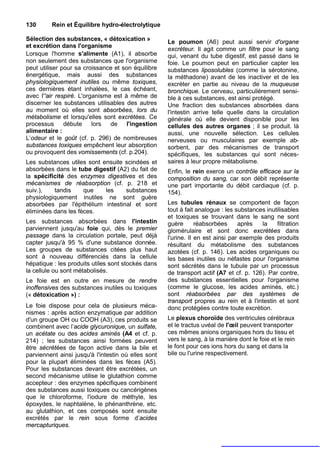 130      Rein et Équilibre hydro-électrolytique

Sélection des substances, « détoxication »           Le poumon (A6) peut aussi servir d'organe
et excrétion dans l'organisme
                                                     excréteur. Il agit comme un filtre pour le sang
Lorsque l'homme s'alimente (A1), il absorbe          qui, venant du tube digestif, est passé dans le
non seulement des substances que l'organisme         foie. Le poumon peut en particulier capter les
peut utiliser pour sa croissance et son équilibre    substances liposolubles (comme la sérotonine,
énergétique, mais aussi des substances               la méthadone) avant de les inactiver et de les
physiologiquement inutiles ou même toxiques,         excréter en partie au niveau de la muqueuse
ces dernières étant inhalées, le cas échéant,        bronchique. Le cerveau, particulièrement sensi-
avec I''air respiré. L'organisme est à même de       ble à ces substances, est ainsi protégé.
discerner les substances utilisables des autres      Une fraction des substances absorbées dans
au moment où elles sont absorbées, lors du           l'intestin arrive telle quelle dans la circulation
métabolisme et lorsqu'elles sont excrétées. Ce       générale où elle devient disponible pour les
processus      débute     lors  de l'ingestion       cellules des autres organes ; il se produit. là
alimentaire :                                        aussi, une nouvelle sélection. Les cellules
L’odeur et le goût (cf. p. 296) de nombreuses        nerveuses ou musculaires par exemple ab-
substances toxiques empêchent leur absorption        sorbent, par des mécanismes de transport
ou provoquent des vomissements (cf. p.204).          spécifiques, les substances qui sont néces-
Les substances utiles sont ensuite scindées et       saires à leur propre métabolisme.
absorbées dans le tube digestif (A2) du fait de      Enfin, le rein exerce un contrôle efficace sur la
la spécificité des enzymes digestives et des         composition du sang, car son débit représente
mécanismes de réabsorption (cf. p. 218 et            une part importante du débit cardiaque (cf. p.
suiv.),   tandis     que    les    substances        154).
physiologiquement inutiles ne sont guère
absorbées par l'épithélium intestinal et sont        Les tubules rénaux se comportent de façon
éliminées dans les fèces.                            tout à fait analogue : les substances inutilisables
                                                     et toxiques se trouvant dans le sang ne sont
Les substances absorbées dans l'intestin             guère       réabsorbées     après   la    filtration
parviennent jusqu'au foie qui, dès le premier        glomérulaire et sont donc excrétées dans
passage dans la circulation portale, peut déjà       l'urine. Il en est ainsi par exemple des produits
capter jusqu'à 95 % d'une substance donnée.          résultant du métabolisme des substances
Les groupes de substances citées plus haut           azotées (cf. p. 146). Les acides organiques ou
sont à nouveau différenciés dans la cellule          les bases inutiles ou néfastes pour l'organisme
hépatique : les produits utiles sont stockés dans    sont sécrétés dans le tubule par un processus
la cellule ou sont métabolisés.                      de transport actif (A7 et cf. p. 126). Par contre,
Le foie est en outre en mesure de rendre             des substances essentielles pour l'organisme
inoffensives des substances inutiles ou toxiques     (comme le glucose, les acides aminés, etc.)
(« détoxication ») :                                 sont réabsorbées par des systèmes de
                                                     transport propres au rein et à l'intestin et sont
Le foie dispose pour cela de plusieurs méca-         donc protégées contre toute excrétion.
nismes : après action enzymatique par addition
d'un groupe OH ou COOH (A3), ces produits se         Le plexus choroïde des ventricules cérébraux
combinent avec l’acide glycuronique, un sulfate,     et le tractus uvéal de l'œil peuvent transporter
un acétate ou des acides aminés (A4 et cf. p.        ces mêmes anions organiques hors du tissu et
214) ; les substances ainsi formées peuvent          vers le sang, à la manière dont le foie et le rein
être sécrétées de façon active dans la bile et       le font pour ces ions hors du sang et dans la
parviennent ainsi jusqu'à l'intestin où elles sont   bile ou l'urine respectivement.
pour la plupart éliminées dans les fèces (A5).
Pour les substances devant être excrétées, un
second mécanisme utilise le glutathion comme
accepteur : des enzymes spécifiques combinent
des substances aussi toxiques ou cancérigènes
que le chloroforme, l'iodure de méthyle, les
époxydes, le naphtalène, le phénanthrène, etc.
au glutathion, et ces composés sont ensuite
excrétés par le rein sous forme d’acides
mercapturiques.
 