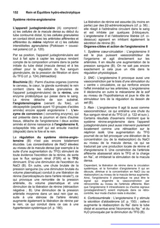 152       Rein et Équilibre hydro-électrolytique

Système rénine-angiotensine
                                                      La libération de rénine est assurée (du moins en
                                                      partie) par des β2-adrénorécepteurs (cf. p. 56) ;
L'appareil juxtaglomérulaire (A) comprend :           elle réagit à l'adrénaline circulant dans le sang
a) les cellules de la macula densa au début du        et est inhibée par quelques β-bloqueurs.
tube contourné distal, b) les cellules granulaires    L'angiotensine II et l'aldostérone libérée (cf. ci-
en contact étroit avec les artérioles afférentes et   dessous) agissent en inhibant également la
efférentes du même néphron et c) les cellules         sécrétion de rénine (B).
interstitielles agranulaires (Poikissen = coussi-     Organes-cibles et action de l'angiotensine II
net polaire) (cf. p. 120).
                                                      1. Système cœur-circulation : L'angiotensine II
Par sa position, l'appareil juxtaglomérulaire est     est le plus puissant vasoconstricteur de
tout à fait apte à capter les signaux rendant         l'organisme et agit directement sur les
compte de la composition urinaire dans la partie      artérioles. Il en résulte une augmentation de la
initiale du tube distal (macula densa) et à les       pression sanguine (B). On ne sait pas encore
utiliser pour la régulation du flux sanguin           exactement si cela joue un rôle dans la
glomérulaire, de la pression de filtration et donc    régulation physiologique.
du TFG (cf. p. 124) {rétroaction}.
                                                      2. SNC : L'angiotensine II provoque aussi une
Biochimie (B) : Parmi d'autres organes (comme         vasoconstriction par le biais d'une stimulation du
le cerveau, le cœur, la glande surrénale) le rein     « centre » circulatoire, ce qui renforce encore
contient (dans les cellules granulaires de            l'effet immédiat sur les artérioles. L'angiotensine
l'appareil juxtaglomérulaire) de la rénine, une       II déclenche en outre le mécanisme de la soif
enzyme protéolytique qui passe dans le sang.          au niveau de l'hypothalamus et joue le rôle de
La rénine détache de son substrat,                    stimulateur lors de la régulation du besoin de
l'angiotensinogène (venant du foie), un               sel (B).
décapeptide (peptide ayant 10 groupes d'acides        3. Rein : L'angiotensine II agit là aussi comme
aminés) encore appelé angiotensine I . L'en-          vasoconstricteur, ce qui entraîne une chute du
zyme de conversion ( converting enzyme), qui          flux sanguin rénal et du TFG (cf. p. 122 et suiv.).
est présente dans le poumon et dans d'autres          Certains résultats d'examens montrent que le
tissus, détache de l'angiotensine l deux acides       système rénine-angiotensine dans l'appareil
aminés et donne naissance à l'angiotensine II,        juxtaglomérulaire peut aussi intervenir purement
octapeptide très actif qui est ensuite inactivé       localement comme une rétroaction sur le
(dégradé) dans le foie et le rein.                    néphron isolé. Une augmentation du TFG
La régulation du système rénine-angio-                pourrait de ce fait provoquer une élévation de la
tensine (B) n'est pas encore totalement               concentration (ou de la réabsorption) du NaCI
élucidée. Les concentrations de NaCI élevées          au niveau de la macula densa, ce qui se
au niveau de la macula densa (par exemple à la        traduirait par une production locale de rénine et
suite d'une augmentation du TFG) stimulent de         d'angiotensine II. Une constriction de l'artériole
toute évidence l'excrétion de la rénine, de sorte     afférente abaisserait alors le TFG et la charge
que le flux sanguin rénal (FSR) et le TFG             en Na+, et inhiberait la stimulation de la macula
diminuent. D'où une diminution de l'excrétion du      densa.
NaCI (B). En outre, une chute brutale de la           Cependant, la libération de rénine dans la circulation
pression sanguine (ou une diminution brutale du       systémique, et la formation d'angiotensine II qui en
volume plasmatique) conduit à une libération de       découle, diminue si la concentration en NaCI (ou sa
                                                      réabsorption) au niveau de la macula densa augmente.
rénine (barorécepteurs dans l'artère rénale?), ce     Ainsi, l'angiotensine II plasmatique ne peut être le
qui provoque une remontée de la pression              signal qui engendre la vasoconstriction par
artérielle, du volume plasmatique et une              rétrocontrôle au niveau de l'artériole afférente. Bien
diminution de la libération de rénine (rétroaction    que l'angiotensine II intracellulaire ou d'autres signaux
négative ; B). Une diminution de la pression          (prostaglandines?) soient impliqués dans ce rétro-
artérielle moyenne dans un seul rein (par ex.         contrôle, leur mode d'action reste à élucider,
suite à une sténose de l'artère rénale)               4. Corticosurrénale : L'angiotensine II y stimule
augmente également la libération de rénine par        la sécrétion d'aldostérone (cf. p. 150) ; celle-ci
le rein, ce qui conduit dans ce cas à une             augmente la réabsorption du Na+ dans le tube
hypertension systémique (cf. p. 180).                 distal et accentue ainsi l'économie du Na + et du
                                                      H2O provoquée par la diminution du TFG (B).
 