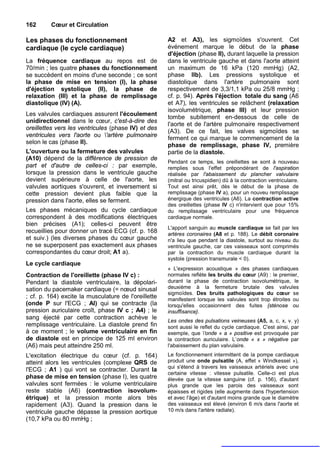 162      Cœur et Circulation

Les phases du fonctionnement                          A2 et A3), les sigmoïdes s'ouvrent. Cet
cardiaque (le cycle cardiaque)                        événement marque le début de la phase
                                                      d'éjection (phase II), durant laquelle la pression
La fréquence cardiaque au repos est de                dans le ventricule gauche et dans l'aorte atteint
70/min ; les quatre phases du fonctionnement          un maximum de 16 kPa (120 mmHg) (A2,
se succèdent en moins d'une seconde ; ce sont         phase llb). Les pressions systolique et
la phase de mise en tension (I), la phase             diastolique dans l'artère pulmonaire sont
d'éjection systolique (II), la phase de               respectivement de 3,3/1,1 kPa ou 25/8 mmHg ;
relaxation (III) et la phase de remplissage           cf. p. 94). Après l'éjection totale du sang (A6
diastolique (IV) (A).                                 et A7), les ventricules se relâchent (relaxation
                                                      isovolumétrique, phase III) et leur pression
Les valvules cardiaques assurent l'écoulement
                                                      tombe subitement en-dessous de celle de
unidirectionnel dans le cœur, c'est-à-dire des
                                                      l'aorte et de l'artère pulmonaire respectivement
oreillettes vers les ventricules (phase IV) et des
                                                      (A3). De ce fait, les valves sigmoïdes se
ventricules vers l'aorte ou 'artère pulmonaire
                                                      ferment ce qui marque le commencement de la
selon le cas (phase II).
                                                      phase de remplissage, phase IV, première
L'ouverture ou la fermeture des valvules              partie de la diastole.
(A10) dépend de la différence de pression de
                                                      Pendant ce temps, les oreillettes se sont à nouveau
part et d'autre de celles-ci : par exemple,           remplies sous l'effet prépondérant de l'aspiration
lorsque la pression dans le ventricule gauche         réalisée par l'abaissement du plancher valvulaire
devient supérieure à celle de l'aorte, les            (mitral ou tricuspidien) dû à la contraction ventriculaire.
valvules aortiques s'ouvrent, et inversement si       Tout est ainsi prêt, dès le début de la phase de
cette pression devient plus faible que la             remplissage (phase IV a), pour un nouveu remplissage
pression dans l'aorte, elles se ferment.              énergique des ventricules (A6). La contraction active
                                                      des oreillettes (phase IV c) n'intervient que pour 15%
Les phases mécaniques du cycle cardiaque              du remplissage ventriculaire pour une fréquence
correspondent à des modifications électriques         cardiaque normale.
bien précises (A1); celles-ci peuvent être
                                                      L'apport sanguin au muscle cardiaque se fait par les
recueillies pour donner un tracé ECG (cf. p. 168      artères coronaires (A8 et p. 188). Le débit coronaire
et suiv.) (les diverses phases du cœur gauche         n'a lieu que pendant la diastole, surtout au niveau du
ne se superposent pas exactement aux phases           ventricule gauche, car ces vaisseaux sont comprimés
correspondantes du cœur droit; A1 a).                 par la contraction du muscle cardiaque durant la
                                                      systole (pression transmurale < 0).
Le cycle cardiaque
                                                      « L'expression acoustique » des phases cardiaques
Contraction de l'oreillette (phase IV c) :            normales reflète les bruits du cœur (A9) : le premier,
Pendant la diastole ventriculaire, la dépolari-       durant la phase de contraction isovolumétrique, le
sation du pacemaker cardiaque (= nœud sinusal         deuxième à la fermeture brutale des valvules
                                                      sigmoïdes. Des bruits pathologiques du cœur se
; cf. p. 164) excite la musculature de l'oreillette   manifestent lorsque les valvules sont trop étroites ou
(onde P sur l'ECG ; Al) qui se contracte (la          lorsqu'elles occasionnent des fuites {sténose ou
pression auriculaire croît, phase IV c ; A4) ; le     insuffisance}.
sang éjecté par cette contraction achève le
                                                      Les ondes des pulsations veineuses (A5, a, c, x, v. y)
remplissage ventriculaire. La diastole prend fin      sont aussi le reflet du cycle cardiaque. C'est ainsi, par
à ce moment ; le volume ventriculaire en fin          exemple, que 'onde « a » positive est provoquée par
de diastole est en principe de 125 ml environ         la contraction auriculaire. L’onde « x » négative par
(A6) mais peut atteindre 250 ml.                      l'abaissement du plan valvulaire.
L'excitation électrique du cœur (cf. p. 164)          Le fonctionnement intermittent de la pompe cardiaque
atteint alors les ventricules (complexe QRS de        produit une onde pulsatile (A, effet « Windkessel »),
                                                      qui s'étend à travers les vaisseaux artériels avec une
l'ECG ; A1 ) qui vont se contracter. Durant la
                                                      certaine vitesse : vitesse pulsatile. Celle-ci est plus
phase de mise en tension (phase I), les quatre        élevée que la vitesse sanguine (cf. p. 156), d'autant
valvules sont fermées : le volume ventriculaire       plus grande que les parois des vaisseaux sont
reste stable (A6) (contraction isovolum-              épaisses et rigides (elle augmente dans l'hypertension
étrique) et la pression monte alors très              et avec l'âge) et d'autant moins grande que le diamètre
rapidement (A3). Quand la pression dans le            des vaisseaux est élevé (environ 6 m/s dans l'aorte et
ventricule gauche dépasse la pression aortique        10 m/s dans l'artère radiale).
(10,7 kPa ou 80 mmHg ;
 