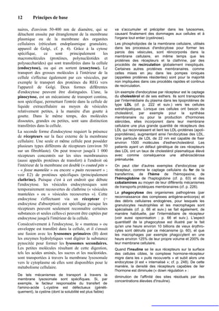 12       Principes de base

naires, d'environ 50-400 nm de diamètre, qui se             va s'accumuler et précipiter dans les lysosomes,
détachent ensuite par étranglement de la membrane           causant finalement des dommages aux cellules et à
plasmique ou de la membrane des organites                   l'organe tout entier (cystinose).
cellulaires (réticulum endoplasmique granulaire,            Les phospholipides de la membrane cellulaire, utilisés
appareil de Golgi, cf. p. 4). Grâce à la cytose             dans les processus d'endocytose pour former les
spécifique,       ce    sont     principalement     les     parois des vésicules, sont réincorporés dans la
                                                            membrane cellulaire, en même temps que les
macromolécules (protéines, polynucléotides et
                                                            protéines des récepteurs et la clathrine, par des
polysaccharides) qui sont transférées dans la cellule       procédés de recirculation globalement inexpliqués.
(endocytose), ou qui en sortent (exocytose). Le             Certaines autres protéines membranaires. comme
transport des grosses molécules à l'intérieur de la         celles mises en jeu dans les pompes ioniques
cellule s'effectue également par ces vésicules, par         (appelées protéines résidentes) sont pour la majorité
exemple le transport des protéines du REG vers              non impliquées dans ces procédés rapides et continus
l'appareil de Golgi. Deux formes différentes                de recirculation.
d'endocytose peuvent être distinguées. L'une, la            Un exemple d'endocytose par récepteur est le captage
pinocytose, est un mécanisme de transport continu,          du cholestérol et de ses esthers. Ils sont transportés
non spécifique, permettant l'entrée dans la cellule de      par l'intermédiaire du plasma dans les lipoprotéines de
                                                            type LDL (cf. p. 222 et suiv.) vers les cellules
liquide extracellulaire au moyen de vésicules
                                                            extrahépatiques. Lorsque ces cellules ont besoin de
relativement petites, à la manière d'un goutte à            cholestérol, par exemple          pour la synthèse
goutte. Dans le même temps, des molécules                   membranaire ou pour la production d'hormones
dissoutes, grandes ou petites, sont sans distinction        stéroïdes, elles incorporent dans leur membrane
transférées dans la cellule.                                cellulaire une plus grande quantité de récepteurs des
La seconde forme d'endocytose requiert la présence          LDL qui reconnaissent et lient les LDL-protéines (apoli-
                                                            poprotéines), augmentant ainsi l'endocytose des LDL.
de récepteurs sur la face externe de la membrane            Une particule de LDL de 22 nm est capable de fixer
cellulaire. Une seule et même cellule peut posséder         environ 1500 molécules d'esthercholestérol. Les
plusieurs types différents de récepteurs (environ 50        patients ayant un défaut génétique de ces récepteurs
sur un fibroblaste). On peut trouver jusqu'à 1 000          des LDL ont un taux de cholestérol plasmatique élevé
récepteurs concentrés sur les sites membranaires            avec comme conséquence une athérosclérose
(aussi appelés protéines de transfert) à l'endroit où       prématurée.
l'intérieur de la membrane est doublé (« coated pits »      On peut citer d'autres exemples d'endocytose par
- « fosse mantelée » ou encore « puits recouvert » ;        récepteur, comme le captage cellulaire du fer de la
voir E2) de protéines spécifiques (principalement           transferrine, de l'hème de l'hémopexine, de
clathrine). Puisque c'est à cet endroit que débute          l'hémoglobine de l'haptoglobine (cf. p. 63) et des
                                                            cobalamines au moyen de leur différents mécanismes
l'endocytose. les vésicules endocytosiques sont
                                                            de transports protéiques membranaires (cf. p. 226).
temporairement recouvertes de clathrine (« vésicules
mantelées » ou « vésicules recouvertes »). Cette            La phagocytose des organismes pathogènes (par
                                                            reconnaissance des complexes antigène-anticorps) et
endocytose s'effectuant via un récepteur (=                 des débris cellulaires endogènes, pour lesquels les
endocytose d'absorption) est spécifique puisque les         granulocytes neutrophiles et les macrophages sont
récepteurs peuvent seulement reconnaître certaines          spécialisés (cf. p. 66 et suiv.) se fait également, de
substances et seules celles-ci peuvent être captées par     manière habituelle, par l'intermédiaire de récepteur
endocytose jusqu'à l'intérieur de la cellule.               (voir aussi opsonisation ; p. 66 et suiv.). L'aspect
                                                            quantitatif de la phagocytose est illustré par le fait
Consécutivement à l'endocytose, le « manteau » ou
                                                            qu'en une heure environ 10 billions de vieux érythro-
enveloppe est transféré dans la cellule, et il s'ensuit     cytes sont détruits par ce mécanisme (p. 60), et que
une fusion avec les lysosomes primaires (B) dont            les macrophages par exemple phagocytent en une
les enzymes hydrolytiques vont digérer la substance         heure environ 125% de leur propre volume et 200% de
pynocitée pour former les lysosomes secondaires.            leur membrane cellulaire.
Les petites molécules résultant de cette digestion,         Quand l'insuline se lie aux récepteurs sur la surface
tels les acides aminés, les sucres et les nucléotides.      des cellules cibles, le complexe hormone-récepteur
sont transportées à travers la membrane lysosomale          migre dans les « puits recouverts » et subit alors une
vers le cytoplasme où elles sont disponibles pour le        endocytose (il est « internalisé »; cf. p. 248). De cette
métabolisme cellulaire.                                     manière, la densité des récepteurs capables de lier
                                                            l'hormone est diminuée (« down régulation » :
De tels mécanismes de transport à travers la
                                                            diminution de l'affinité des sites résiduels par des
membrane lysosomale sont spécifiques. Si, par
                                                            concentrations élevées d'insuline).
exemple, le facteur responsable du transfert de
l'amino-acide L-cystine est défectueux (généti-
quement), la cystine (dont la solubilité est plus faible)
 