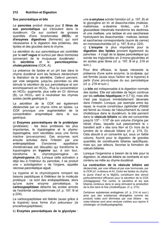 212      Nutrition et Digestion

Suc pancréatique et bile                             une α-amylase scinde l'amidon (cf. p. 197, B) et
                                                     le glycogène en tri- et disaccha-rides (maltose,
Le pancréas produit chaque jour 2 litres de          maltotriose, α-dextrine limite), une 1,6-
suc pancréatique qui s'écoulent dans le              glucosidase intestinale transforme les dextrines
duodénum. Ce suc contient de grosses                 et une maltase, une lactase et une saccharase
quantités d'ions bicarbonates (HCO3- et              hydrolysent les disaccharides : maltose, lactose
d'enzymes digestives (ferments) qui sont             et saccharose correspondants (sucre de canne)
nécessaires à la digestion des protéines, des        en monosaccharides (cf. p. 197, B et p. 224).
lipides et des glucides dans le chyme.               c) L'enzyme la plus importante pour la
La sécrétion du suc pancréatique est contrôlée       digestion des lipides provient également du
par le nerf vague et surtout par deux hormones       pancréas : il s'agit de la lipase pancréatique qui
(provenant de la muqueuse duodénale) :               scinde les triglycérides en 2-mono-glycérides et
la    sécrétine    et    la    pancréozymine-        en acides gras libres (cf. p. 197, B et p. 218 et
cholécystokinine (CCK, A).                           suiv.).
La présence de lipides et un pH bas dans le          Pour être efficace, la lipase nécessite la
chyme duodénal sont les facteurs déclenchant         présence d'une autre enzyme, la co-lipase, qui
la libération de la sécrétine. Celle-ci parvient,    est formée (aussi sous l'action de la trypsine) à
par voie sanguine, jusqu'au pancréas où elle         partir d'une pro-co-lipase du suc pancréatique
stimule la sécrétion de suc pancréatique et son      (cf. p. 218 et suiv.).
enrichissement en HCO3-. Plus la concentration       La bile est indispensable à la digestion normale
en HCO3- augmente, plus celle en Cl- diminue         des lipides. Elle est sécrétée de façon continue
(B). Le HCO3- sert à neutraliser les chymes          par les cellules hépatiques (≈ 0,7 l/j), mais elle
acides (acide gastrique !).                          n'est pas toujours immédiatement déversée
La sécrétion de la CCK est également                 dans l'intestin. Lorsque, par exemple entre les
déclenchée par un chyme riche en lipides. La         repas, le muscle constricteur (sphincter d'Oddi)
CCK provoque une augmentation de la                  est fermé au niveau de l'abouchement du canal
concentration enzymatique dans le suc                cholédoque dans le duodénum, la bile parvient
gastrique.                                           dans la vésicule biliaire où elle est concentrée
                                                     jusqu'à 1/5e - 1/10e de son volume d'origine par
a) Enzymes pancréatiques de la protéolyse            retrait d'eau, laquelle suit passivement le «
(protéases) : les deux protéases les plus            transfert actif » des ions Na+ et Cl- hors de la
importantes, le trypsinogène et le chymo-            lumière de la vésicule biliaire (cf. p. 215, D).
trypsinogène, sont sécrétées sous une forme          Cela aboutit à un concentré qui, sous un faible
inactive (pro-enzymes). Ces enzymes sont             volume, fournit pour la digestion de grandes
ensuite activées dans l'intestin par une             quantités de constituants biliaires spécifiques,
entéropeptidase        (l'ancienne     appellation   mais qui, par ailleurs, favorise la formation de
d'entérokinase est désuette) qui transforme le       calculs biliaires.
trypsinogène en trypsine qui, à son tour,
transforme       le     chymotrypsinogène       en   Lorsque l'organisme a besoin de la bile pour la
chymotrypsine (A). Lorsque cette activation a        digestion, la vésicule biliaire se contracte et son
déjà lieu à l'intérieur du pancréas, il se produit   contenu se mêle au chyme duodénal.
une « autodigestion » de l'organe, appelée           La contraction de la vésicule biliaire est
nécrose pancréatique aiguë.                          déclenchée, par voie réflexe et par voie hormonale, par
                                                     la CCK (cf. ci-dessus et A). Outre les lipides du chyme,
La trypsine et la chymotrypsine rompent les
                                                     le jaune d'œuf et le MgSO4 constituent des stimuli
liaisons peptidiques à l'intérieur de la molécule    particulièrement efficaces pour la sécrétion de la CCK
protéique : ce sont des endopeptidases, alors        (cholagogues). Par contre, la sécrétine et les sels
qu'une autre enzyme pancréatique, la                 biliaires contenus dans le sang stimulent la production
carboxypeptidase détache les acides aminés           de la bile dans le foie (cholérétiques. cf. p. 214).
de l'extrémité carboxyterminale (cf. p. 197. B et
                                                     Certaines substances endogènes (cf. p. 214 et suiv.)
p.224).                                              ainsi que des substances étrangères comme les
La carboxypeptidase est libérée (aussi grâce à       produits iodés sont éliminées par voie biliaire : les
la trypsine) sous forme d'un précurseur (la          voies biliaires sont ainsi rendues visibles aux rayons X
                                                     (cholangio- et cholécystographie).
procarboxypeptidase).
b) Enzymes pancréatiques de la glycolyse :
 