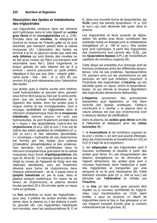 220       Nutrition et Digestion

Absorption des lipides et métabolisme                 E, dans une nouvelle forme de lipoprotéines, les
des triglycérides                                     VLDL (very low density lipoproteins, cf. p. 222
                                                      et suiv.) qui sont déversés tels quels dans le
Les triglycérides contenus dans les aliments          plasma.
sont hydrolyses dans le tube digestif en acides
gras libres et en monoglycérides (cf. p. 218).        Les triglycérides et leurs produits de dégra-
Enrobés dans les micelles, ils atteignent la          dation, les acides gras libres, constituent des
bordure en brosse de l'intestin grêle où ils sont     substrats riches en énergie pour le métabolisme
absorbés (par transport passif) dans la cellule       énergétique (cf. p. 198 et suiv.). Des acides
muqueuse (A). L'absorption des lipides se             gras sont hydrolyses, à partir des triglycérides
termine à la fin du jéjunum tandis que celle des      des chylomicrons tout comme des VLDL, par
sels biliaires qui sont libérés des micelles ne       les lipoprotéine-lipases (LPL) de l'endothélium
se fait qu'au niveau de l'iléon (co-transport actif   capillaire de nombreux organes (B).
secondaire avec Na+). Dans l'organisme, la
                                                      Cette étape est précédée d'un échange actif de
teneur globale en sels biliaires est de 6 g
                                                      fractions protéiques entre les différentes lipopro-
environ ; ceux-ci parcourent un cycle entéro-
                                                      téines. Une de ces protéines, l'apolipoprotéine
hépatique 4 fois par jour (bile - intestin grêle -
                                                      CIl, parvient ainsi sur les chylomicrons où elle
veine porte - foie - bile ; cf. p. 223, B), car
                                                      participe, en tant que cofacteur important, à
environ 24 g/j sont nécessaires pour l'absorption
                                                      l'hydrolyse des triglycérides. L'insuline, qui est
des lipides.
                                                      sécrétée après un repas, active la lipoprotéine-
Les acides gras à chaîne courte sont relative-        lipase, ce qui stimule la brusque dégradation
ment hydrosolubles et peuvent donc parvenir           des triglycérides alimentaires réabsorbés.
sous forme libre jusqu'au foie par la veine porte,
alors que les produits hydrophobes de la              L'héparine (provenant des granulocytes
digestion des lipides, donc les acides gras à         basophiles) joue également un rôle dans
longue chaîne et les monoglycérides, sont à           l'activité des lipases protéiques. Celles-ci
nouveau synthétisés en triglycérides dans le          contribuent à « clarifier » le plasma dont la
réticulum endoplasmique lisse de la muqueuse          nature laiteuse est due aux chylomicrons (voir
intestinale; comme ceux-ci ne sont pas                ci-dessus) (facteur de clarification).
hydrosolubles, ils sont finalement enrobés dans       Dans le plasma, les acides gras libres sont liés
le « noyau » des lipoprotéines, c'est-à-dire les      à l'albumine et atteignent ainsi les cibles
chylomicrons (A et p. 222 et suiv.). Il en est de     suivantes (B) :
même des esters apolaires du cholestérol (cf. p.
222 et suiv.) et des vitamines liposolubles.          1. la musculature et de nombreux organes où
L'« enveloppe » hydrophile de ces chylomicrons        ils sont « brûlés », en tant que source d'énergie,
est formée par des lipides plus polaires              dans les mitochondries et transformés en CO2 et
(cholestérol, phospholipides) et des protéines.       H2O (il s'agit de la β-oxydation) ;
Ces dernières sont synthétisées dans le               2. les adipocytes où des triglycérides sont à
réticulum endoplasmique granulaire de la cellule      nouveau synthétisés et stockés à partir des
muqueuse sous forme d'apolipoprotéines (de            acides gras libres. En cas d'augmentation des
type Al, AIl et B). Le mélange lipide-protéine est    besoins énergétiques ou de diminution de
dirigé au niveau de l'appareil de Golgi vers des      l'apport alimentaire, les acides gras sont à
vésicules sécrétoires, puis est finalement            nouveau hydrolyses dans l'adipocyte à partir
déversé sous forme de chylomicrons dans               des triglycérides et transportés par voie
l'espace extracellulaire ; de là, il passe dans la    sanguine là où ils sont nécessaires (B). Cette
lymphe intestinale et, par la suite, dans le          libération d'acides gras (cf. p. 246 et suiv.) est
plasma sanguin systémique. En raison de sa            stimulée par l'adrénaline et inhibée par
teneur en chylomicrons, le plasma devient             l'insuline.
trouble pendant 20 à 30 minutes après un repas        3. le foie où des acides gras peuvent être
riche en graisses.                                    oxydés ou à nouveau synthétisés en triglycé-
Le foie synthétise lui aussi les triglycérides ;      rides. Leur transformation en VLDL étant
pour cela, il prélève les acides aminés néces-        limitée, il peut se produire un dépôt de
saires dans le plasma ou il les élabore à partir      triglycérides dans le foie (« foie graisseux ») en
du glucose (B). Les triglycérides hépatiques          cas d'apport excessif d'acide gras (y compris
sont enrobés, avec les apolipoprotéines B, C et       indirectement par du glucose, B).
 