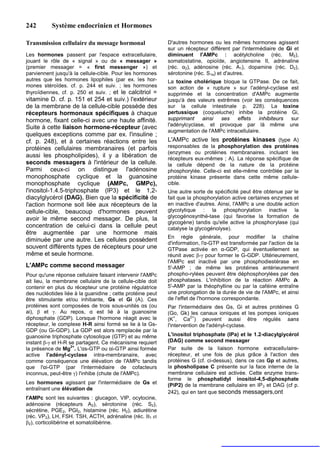 242        Système endocrinien et Hormones

Transmission cellulaire du message hormonal                 D'autres hormones ou les mêmes hormones agissent
                                                            sur un récepteur différent par l'intermédiaire de Gi et
Les hormones passent par l'espace extracellulaire,          diminuent l'AMPc : acétylcholine (réc. M2),
jouant le rôle de « signal » ou de « messager »             somatostatine, opioïde, angiotensine II, adrénaline
(premier messager = « first messenger ») et                 (réc. α2), adénosine (réc. A1), dopamine (réc. D2),
parviennent jusqu'à la cellule-cible. Pour les hormones     sérotonine (réc. S1a) et d'autres.
autres que les hormones lipophiles (par ex. les hor-        La toxine cholérique bloque la GTPase. De ce fait,
mones stéroïdes. cf. p. 244 et suiv. ; les hormones         son action de « rupture » sur l'adényl-cyclase est
thyroïdiennes, cf. p. 250 et suiv. ; et le calcitriol =     supprimée et la concentration d'AMPc augmente
vitamine D. cf. p. 151 et 254 et suiv.) l'extérieur         jusqu'à des valeurs extrêmes (voir les conséquences
de la membrane de la cellule-cible possède des              sur la cellule intestinale p. 228). La toxine
récepteurs hormonaux spécifiques à chaque                   pertussique (coqueluche) inhibe la protéine Gi,
hormone, fixant celle-ci avec une haute affinité.           supprimant     ainsi ses    effets    inhibiteurs sur
                                                            l'adénylcyclase, et provoque par là même une
Suite à cette liaison hormone-récepteur (avec
                                                            augmentation de l'AMPc intracellulaire.
quelques exceptions comme par ex. l'insuline ;
cf. p. 248), et à certaines réactions entre les             L'AMPc active les protéines kinases (type A)
protéines cellulaires membranaires (et parfois              responsables de la phosphorylation des protéines
                                                            (enzymes ou protéines membranaires. incluant les
aussi les phospholipides), il y a libération de             récepteurs eux-mêmes ; A). La réponse spécifique de
seconds messagers à l'intérieur de la cellule.              la cellule dépend de la nature de la protéine
Parmi ceux-ci on distingue l'adénosine                      phosphorylée. Celle-ci est elle-même contrôlée par la
monophosphate cyclique et la guanosine                      protéine kinase présente dans cette même cellule-
monophosphate cyclique (AMPc, GMPc),                        cible.
l'inositol-1.4.5-triphosphate (IP3) et le 1,2-              Une autre sorte de spécificité peut être obtenue par le
diacylglycérol (DAG). Bien que la spécificité de            fait que la phosphorylation active certaines enzymes et
l'action hormone soit liée aux récepteurs de la             en inactive d'autres. Ainsi, l'AMPc a une double action
cellule-cible, beaucoup d'hormones peuvent                  glycolytique : la phosphorylation inactive la
avoir le même second messager. De plus, la                  glycogénosynthé-tase (qui favorise la formation de
                                                            glycogène) tandis qu'elle active la phosphorylase (qui
concentration de celui-ci dans la cellule peut              catalyse la glycogénolyse).
être augmentée par une hormone mais
                                                            En règle générale, pour modifier la chaîne
diminuée par une autre. Les cellules possèdent
                                                            d'information, l'α-GTP est transformée par l'action de la
souvent différents types de récepteurs pour une             GTPase activée en α-GDP, qui éventuellement se
même et seule hormone.                                      réunit avec β-γ pour former le G-GDP. Ultérieurement,
                                                            l'AMPc est inactivé par une phosphodiestérase en
L'AMPc comme second messager                                5'-AMP ; de même les protéines antérieurement
Pour qu'une réponse cellulaire faisant intervenir l'AMPc    phospho-rylées peuvent être déphosphorylées par des
ait lieu, la membrane cellulaire de la cellule-cible doit   phosphatases. L'inhibition de la réaction AMPc à
contenir en plus du récepteur une protéine régulatrice      5'-AMP par la théophylline ou par la caféine entraîne
des nucléotides liée à la guanidine ; cette protéine peut   une prolongation de la durée de vie de l'AMPc, et ainsi
être stimulante et/ou inhibante, Gs et Gi (A). Ces          de l'effet de l'hormone correspondante.
protéines sont composées de trois sous-unités αs (ou        Par l'intermédiaire des Gs, Gi et autres protéines G
ai), β et γ. Au repos, α est lié à la guanosine             (Go, Gk) les canaux ioniques et les pompes ioniques
diphosphate (GDP). Lorsque l'hormone réagit avec le             +      2+
                                                            (K , Ca ) peuvent aussi être régulés sans
récepteur, le complexe H-R ainsi formé se lie à la Gs-      l'intervention de l'adényl-cyclase.
GDP (ou Gi-GDP). La GDP est alors remplacée par la
guanosine triphosphate cytosolique (GTP) et au même         L'inositol triphosphate (IPa) et le 1.2-diacylgiycérol
instant β-γ et H-R se partagent. Ce mécanisme requiert      (DAG) comme second messager
la présence de Mg2+. L'αs-GTP ou αi-GTP ainsi formée        Par suite de la liaison hormone extracellulaire-
active l'adényl-cyclase intra-membranaire, avec             récepteur, et une fois de plus grâce à l'action des
comme conséquence une élévation de l'AMPc tandis            protéines G (cf. ci-dessus), dans ce cas Gp et autres,
que l'αi-GTP (par l'intermédiaire de cofacteurs             la phosholipase C présente sur la face interne de la
inconnus, peut-être γ) l'inhibe (chute de l'AMPc).          membrane cellulaire est activée. Cette enzyme trans-
                                                            forme le phosphatidyl inositol-4,5-diphosphate
Les hormones agissant par l'intermédiaire de Gs et          (PiP2) de la membrane cellulaire en IP3 et DAG (cf p.
entraînant une élévation de
                                                            242), qui en tant que seconds messagers,ont
l'AMPc sont les suivantes : glucagon, VIP, ocytocine,
adénosine (récepteurs A2), sérotonine (réc. S2),
sécrétine, PGE2, PGI2, histamine (réc. H2), adiurétine
(réc. VP2), LH, FSH. TSH, ACTH, adrénaline (réc. Β1 et
β2), corticolibérine et somatolibérine.
 