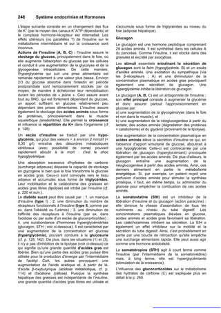 248        Système endocrinien et Hormones

L'étape suivante consiste en un changement des flux            s'accumule sous forme de triglycérides au niveau du
     +                             +
de K (par le moyen des canaux K ATP dépendants) et             foie (adipose hépatique).
le complexe hormone-récepteur est internalisé. Les
effets ultérieurs (ou parallèles ?) de l'insuline sur le       Glucagon
métabolisme intermédiaire et sur la croissance sont            Le glucagon est une hormone peptidique comprenant
inconnus.                                                      29 acides aminés. Il est synthétisé dans les cellules A
Actions de l'insuline (A, B, C) : l'insuline assure le         du pancréas. Comme l'insuline, il est stocké dans des
stockage du glucose, principalement dans le foie, où           granules et excrété par exocytose.
elle augmente l'absorption du glucose par les cellules
et conduit à une augmentation de la glycolyse et de la         Les stimuli essentiels entraînant la sécrétion de
glycogenèse intracellulaire. De cette manière,                 glucagon sont la faim (hypoglycémie. B) et un excès
l'hyperglycémie qui suit une prise alimentaire est             d'acides aminés. Une excitation du sympathique (via
ramenée rapidement à une valeur plus basse. Environ            les β-récepteurs ; A) et une diminutuion de la
2/3 du glucose absorbé dans l'intestin en période              concentration plasmatique en acides gras provoquent
postprandiale sont temporairement stockés par ce               également une sécrétion de glucagon. Une
moyen, de manière à échelonner leur remobilisation             hyperglycémie inhibe la libération de glucagon.
durant les périodes de « jeûne ». Ceci assure avant            Le glucagon (A, B, C) est un antagoniste de l'insuline ;
tout au SNC, qui est fortement dépendant du glucose,           son effet principal consiste à augmenter la glycémie
un apport suffisant en glucose relativement peu                et donc assurer partout l'approvisionnement en
dépendant des prises alimentaires. L'insuline assure           glucose par:
également le stockage des acides animés sous forme             a) une augmentation de la glycogénolyse (dans le foie
de protéines, principalement dans le muscle                    et non dans le muscle), et
squelettique (anabolisme). Elle permet la croissance           b) une augmentation de la néoglucogenèse à partir du
et influence la répartition du K+ dans l'organisme (cf         lactate, des acides aminés (dégradation des protéines
p. 148).                                                       = catabolisme) et du glycérol (provenant de la lipolyse).
Un excès d'insuline se traduit par une hypo-                   Une augmentation de la concentration plasmatique en
glycémie, qui pour des valeurs < à environ 2 mmol/l (<         acides aminés élève la sécrétion d'insuline ce qui, en
0,35 g/l) entraîne des désordres métaboliques                  l'absence d'apport simultané de glucose, aboutirait à
cérébraux (avec possibilité de coma) pouvant                   une hypoglycémie. Celle-ci est contrecarrée par une
rapidement aboutir à la mort : c'est le choc                   libération de glucagon (hyperglycémiant) provoquée
hypoglycémique.                                                également par les acides aminés. De plus d'ailleurs, le
Une absorption excessive d'hydrates de carbone                 glucagon entraîne une augmentation de la
(surcharge adipeuse) dépasse la capacité de stockage           néoglucogenèse à partir des acides aminés, Ainsi, ces
en glycogène si bien que le foie transforme le glucose         derniers alimentent en partie le métabolisme
en acides gras. Ceux-ci sont convoyés vers le tissu            énergétique. Si, par exemple, un patient reçoit une
adipeux et accumulés sous forme de triglycérides.              perfusion d'acides aminés pour stimuler la synthèse
Leur mobilisation et le catabolisme des graisses en            protéique, il faut, en même temps, lui administrer du
acides gras libres (lipolyse) est inhibé par l'insuline (cf.   glucose pour empêcher la combustion de ces acides
p. 220 et suiv.).                                              aminés.
Le diabète sucré peut être causé par : 1. un manque            La somatostatine (SIH) est un inhibiteur de la
d'insuline (type I) ; 2. une diminution du nombre de           libération d'insuline et du glucagon (action paracrine) ;
récepteurs fonctionnels à l'insuline (type II, comme par       elle diminue la vitesse d'assimilation de tous les
ex. dans l'obésité ou l'urémie) ; 3. une diminution de         nutriments au niveau du tube digestif. Les
l'affinité des récepteurs à l'insuline (par ex. dans           concentrations plasmatiques élevées en glucose,
l'acidose ou par suite d'un excès de glucocorticoïdes) ;       acides animés et acides gras favorisent sa libération.
4. une surabondance d'hormones hyperglycémiantes               Les catécholamines inhibent sa sécrétion. La SIH a
(glucagon, STH ; voir ci-dessous). Il est caractérisé par      également un effet inhibiteur sur la motilité et la
une augmentation de la concentration en glucose                sécrétion du tube digestif. Ainsi, c'est probablement en
(hyperglycémie), pouvant conduire à la glucosurie              partie par une boucle de rétroaction qu'elle empêche
(cf. p. 128, 142). De plus, dans les situations (1) et (3),    une surcharge alimentaire rapide. Elle peut aussi agir
il n'y a pas d'inhibition de la lipolyse (voir ci-dessus) ce   comme une hormone antiobésité.
qui signifie qu'une grande quantité d'acides gras est
                                                               La somatotropine (STH) agit à court terme comme
libérée. Bien qu'une partie des acides gras puisse être
                                                               l'insuline (par l'intermédiaire de la somatomédine)
utilisée pour la production d'énergie par l'intermédiaire
                                                               mais, à long terme, elle est hyperglycémiante
de l'acétyl CoA, les autres provoquent une
                                                               (stimulation de la croissance).
augmentation de l'acide acétique et, à partir de là,
d'acide β-oxybutyrique (acidose métabolique, cf. p.            L'influence des glucocorticoïdes sur le métabolisme
114) et d'acétone (cétose). Puisque la synthèse                des hydrates de carbone (C) est expliquée plus en
hépatique des graisses est indépendante de l'insuline,         détail à la p. 260.
une grande quantité d'acides gras libres est utilisée et
 