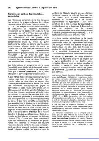 282      Système nerveux central et Organes des sens


Transmission centrale des stimulations                 territoire de l'épaule gauche en cas d'anoxie
sensorielles                                           cardiaque : angine de poitrine). Dans ces cas,
                                                       ces zones sont souvent anormalement
Les récepteurs sensoriels de la tête (organes          sensibles au toucher et à la douleur
des sens) et de la peau informent le système           (hyperesthésie ou hyperalgie). 3. Les fibres
nerveux central (SNC) sur l'environnement (cf.         sensitives de la tête (noyaux du trijumeau) se
p. 276). Les récepteurs musculaires tendineux          projettent aussi sur le thalamus. 4. Deux autres
et articulaires de l'appareil locomoteur               voies     se    projettent   sur    le     cervelet
renseignent sur la position du corps, le tonus         (principalement celles de la sensibilité profonde)
musculaire, etc. (cf. p. 278 et suiv.) au même         le tractus spinocérébelleux postérieur (C3) et le
titre que l'organe de l'équilibration (cf. p. 298).    tractus spinocérébelleux antérieur (C4).
Ces informations sont en grande partie                 Lors d'une section hémilatérale de la moelle
transmises aux centres somatotopiques (ou              épinière (syndrome de Brown-Séquard), on
sensomoteurs) situés au niveau du gyrus                observe (en raison de l'agencement des voies)
postcentral du cortex où, comme pour le cortex         une paralysie motrice tout d'abord flasque, puis
sensorimoteur, chaque partie du corps se               spasmodique du côté lésé, des troubles du
projette sur une aire corticale correspondante         toucher de ce même côté et une augmentation
(aire     de    projection     :    représentation     de la sensibilité douloureuse et thermique
somatotopique proportionnelle à la richesse de         controlatérale(anesthésie sensorielle dissociée).
l'inervation ; A, B). C'est là qu'on peut
enregistrer, après stimulation périphérique, des       Au niveau du thalamus, les voies afférentes
potentiels évoqués locaux traduisant l'excitation      relaient une deuxième fois pour se projeter sur
des aires corticales correspondantes.                  le gyrus post-central et sur d'autres voies
                                                       corticales. Comme pour les voies visuelles et
Les informations en provenance de la peau              auditives, il existe ici aussi des voies de
(sensibilité superficielle) et de l'appareil moteur    projection thalamocorticales spécifiques (voies
(sensibilité profonde) arrivent à la moelle épi-       de projection, D) partant de zones thalamiques
nière par la racine postérieure ; de là, elles         bien définies.
atteignent le cerveau par les voies suivantes :
                                                       Inversement, il existe des zones d'où partent des voies
1. Les fibres des cordons postérieurs (C1) ne          « non spécifiques » (réticulaires) vers presque toutes
relaient pas dans la moelle épinière ; leur            les régions corticales (principalement cortex frontal)
premier relais se situe dans les noyaux des            (E). La stimulation de ces voies part de la formation
cordons postérieurs du bulbe. De là, une partie        réticulée qui joue non seulement un rôle dans la
                                                       motricité (cf. p. 284) mais reçoit aussi des informations
des récepteurs post-synaptiques gagne le               de tous les organes des sens et de toutes les voies
cervelet (cf. p. 286), l'autre partie croise vers le   afférentes de la moelle épinière (yeux, oreilles,
côté opposé et se dirige vers le thalamus. Les         sensibilité superficielle, etc.), ainsi que des ganglions
fibres des cordons postérieurs véhiculent des          de la base. Les voies réticulaires jouent notamment un
informations concernant la pression, le toucher        rôle fondamental dans le niveau de vigilance et d'éveil
et la sensibilité profonde et transmettent ainsi       (SRAA, cf. p. 292), transmettent des informations
des renseignements sur la position (consciente)        affectives et émotionnelles (de la douleur par exemple)
                                                       et ont des fonctions végétatives complexes (sur la
du corps. 2. Les nerfs sensitifs correspondants        circulation, la respiration, les hormones, etc.).
aux récepteurs de la douleur, de la température,
                                                       A côté des aires de projection primaires, on trouve
à une partie des récepteurs de la pression et du
                                                       dans le cortex une série d'aires d'association (aires
toucher croisent vers le côté opposé dans le           associatives) qui sont aussi reliées au thalamus (voies
segment médullaire correspondant pour former,          d'association mixtes).
dans le cordon latéral antérieur de la moelle
                                                       Les afférences sensorielles qui se dirigent vers le
épinière, le tractus spinothalamique. Celui-ci se      cortex peuvent être inhibées au niveau de tous les
projette sur le thalamus en passant par le tronc       relais (moelle épinière, bulbe et thalamus) par des
cérébral (C2). Comme ces fibres conduisent             voies descendantes (provenant du cortex). Celles-ci
aussi les informations douloureuses en prove-          permettent notamment défaire varier le champ réceptif,
nance des viscères, la douleur est souvent             de régler le seuilet (lors d'une afférence commune
ressentie dans le territoire de peau correspon-        d'une origine différente) de « rechercher » une
                                                       modalité sensorielle.
dant au même segment médullaire (zones de
Head) : douleur irradiée (par exemple dans le
 