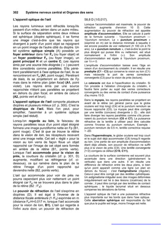302      Système nerveux central et Organes des sens

L'appareil optique de l'œil                            58,8 D (1/0,017).
                                                       Lorsque l'accommodation est maximale, le pouvoir de
Les rayons lumineux sont réfractés lorsqu'ils          réfraction augmente         d'environ   10 D. Cette
passent d'un milieu aérien dans un autre milieu.       augmentation du pouvoir de réfraction est appelée
Si la surface de séparation entre deux milieux         amplitude d'accommodation. Elle se calcule à partir
est sphérique (dioptre sphérique), il se forme         de la formule suivante : 1/punctum proximum —
une image c'est-à-dire que les rayons qui              1/punctum remotum. Le « punctum proximum »
divergent à partir d'un point objet se rejoignent      (exprimé en m) est la distance minimale à laquelle il
                                                       est encore possible de voir nettement (≈ 100 cm à 70
en un point image de l'autre côté du dioptre. Un
                                                       ans). Le « punctum remotum », c'est-à-dire le point le
tel système optique simple (A) possède un              plus éloigné qui puisse être vu nettement, est situé
foyer antérieur dans l'air Fa (ou foyer objet) et      normalement      à   l'infini   (∞).   Son      amplitude
un foyer postérieur Fp (ou foyer image), un            d'accommodation est égale à 1/punctum proximum,
point principal H et un centre C. Les rayons           car 1/∞= 0.
émis par une source très éloignée ( ∞ ) peuvent        L'amplitude d'accommodation baisse avec l'âge en
être considérés comme parallèles. S'ils pénè-          raison d'un durcissement du cristallin. Il en résulte une
trent parallèlement à l'axe optique de l'œil, ils se   presbytie (C1 - C3) qui conserve la vision au loin (C1)
rencontreront en Fp (A1, point rouge). Pénétrant       mais nécessite le port de verres correcteurs
                                                       convergents (C3) pour la vision de près (lecture).
de biais, ils se projetteront en dehors de Fp
mais dans le même plan (plan focal) (A1, point         La cataracte est due à l'opacification du cristallin. Si
violet). Les rayons émis par une source                l'on procède à l'ablation chirurgicale du cristallin, il
rapprochée n'étant pas parallèles se projettent        faudra faire porter au sujet des verres correcteurs
en dehors du plan focal, en arrière de celui-ci        convergents ou des verres de contact d'une puissance
                                                       d'au moins 15 D.
(A2, points vert et brun).
                                                       Dans la myopie, les rayons parallèles se projettent en
L'appareil optique de l'œil comporte plusieurs         avant de la rétine (en général parce que le globe
dioptres et plusieurs milieux (cf. p. 300). C'est la   oculaire est trop long) (C4) et le punctum remotum se
dioptrique de l'œil. Mais l'on peut, pour              trouve rapproché (C5). La myopie peut être corrigée
simplifier, l'assimiler à un système optique           par une lentille (concave) divergente (- D) ; elle doit
simple (œil réduit).                                   faire diverger les rayons parallèles comme s'ils prove-
                                                       naient du punctum remotum (C6 et C7). La puissance
Lorsqu'on regarde au loin, le faisceau de              réfractive de la lentille à utiliser peut être calculée
rayons parallèles issus d'un point objet éloigné       comme l'inverse du punctum remotum. Exemple :
formera une image punctiforme nette en Fp (B1,         punctum remotum de 0,5 m, lentille correctrice requise
point rouge). C'est là que se trouve la rétine         = -2D.
dans la vision de loin, les récepteurs recevant        Dans l'hypermétropie, le globe oculaire est trop court
ainsi une image nette. Cet œil « réglé » pour la       et le sujet doit déjà accommoder (C8) lorsqu'il regarde
vision au loin verra de façon floue un objet           au loin. Une partie de son amplitude d'accommodation
rapproché car l'image de cet objet sera formée         étant déjà utilisée, son pouvoir de réfraction ne suffit
                                                       plus à la vision de près (C9). Une lentille convergente
en arrière de la rétine (B1, points verts).
                                                       (+ D) corrigera ce défaut (C10, C11).
Lorsque l'œil accommode pour la vision de
près, la courbure du cristallin (cf. p. 301, D)        La courbure de la surface cornéenne est souvent plus
augmente, modifiant sa réfringence (cf. ci-            accentuée dans une direction (généralement la
                                                       verticale) que dans une autre. Il en résulte une
dessous), ce qui ramène dans le plan de la             différence de réfraction entre les deux plans, si bien
rétine l'image d'un point rapproché qui                qu'un point apparaît comme une ligne (un plan en
deviendra nette (B2, points verts).                    dehors du focus) : c'est l'astigmatisme (régulier).
                                                       Celui-ci peut être corrigé par des lentilles cylindriques.
L'œil qui accommode pour voir de près ne
                                                       Un astigmatisme irrégulier avec des images déformées
pourra cependant plus voir nettement un point          irrégulièrement est lié à des lésions (cicatrices) de la
éloigné car Fp ne se trouvera plus dans le plan        cornée ; il peut être corrigé par des lentilles de contact
de la rétine (B2 : F'p).                               sphériques ; le liquide lacrymal situé en dessous
                                                       compense les déviations de forme.
Le pouvoir de réfraction de l'œil s'exprime en
dioptries (D). Il est égal à l'inverse de la           L'appareil optique de l'œil a une puissance réfractive
distance focale antérieure (1 /Fa) exprimée en m       plus importante sur les bords que dans l'axe optique.
                                                       Cette aberration sphérique est responsable du fait
(distance Fa-H=0,017 m, lorsque l'œil accomode
                                                       que plus la pupille est large, moins l'image est nette.
pour la vision de loin, B1). L'œil qui regarde à
l'infini aura donc un pouvoir de réfraction de
 