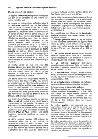 310      Système nerveux central et Organes des sens

Champ visuel. Voies optiques                         que dans la fovea centralis, certains cônes ont
                                                     leur liaison « privée » avec le cortex.
On appelle champ visuel la portion de l'espace
vue par un œil immobile, la tête restant elle-       A une faible convergence (au niveau de la fovea
même immobile (Al).                                  par exemple) correspondent une acuité visuelle
                                                     élevée mais un niveau de sensibilité faible,
La mesure du champ visuel s'effectue grâce à         tandis que la forte convergence des signaux
un périmètre constitué par un hémisphère             émanant de la périphérie de la rétine conduit à
creux au centre duquel se trouve l'œil du sujet.     l'effet inverse (cf. aussi « sommation spatiale »
Celui-ci devra signaler le moment où il voit         p. 306 et suiv.)
apparaître ou disparaître dans son champ visuel
un signal lumineux arrivant par le côté, par en      Les collatérales des fibres de la bandelette
haut, par en bas. etc. Les scotomes sont des         optique continuent leur trajet en passant par les
défaillances partielles dans l'aire du champ         régions suivantes :
visuel. Ils peuvent être provoqués par des           1. Le corps genouillé latéral (CGL). La plupart
lésions siégeant dans l'appareil optique             de ses neurones transmettent le rayonnement
(cataracte par exemple, cf. p. 302), dans la         visuel au cortex visuel primaire (V1) et, après
rétine (inflammations par exemple) ou le long        relais, aux cortex visuels secondaire (V2) et
des voies visuelles (cf. ci-dessous). La tache       tertiaire (V3, V4), etc. (fonction; cf. p. 312 et
aveugle (A1) est un « blanc » dans le champ          suiv.).
visuel correspondant à une interruption de la        2. Les centres visuels moteurs dans le tronc
rétine au niveau de la papille (cf. p. 300). Dans    cérébral (après relais dans la « bandelette
le champ visuel binoculaire (cf. p. 315, A), la      optique accessoire »). Ils contrôlent la vergence
tache aveugle est chaque fois compensée par          et les mouvements oculaires verticaux.
l'autre œil.
                                                     3. Le collicule supérieur (tubercules
Le champ visuel est plus petit pour des              quadrijumeaux antérieurs). Cette connection et
signaux colorés que pour des signaux achro-          les relais postérieurs régulent les mouvements
matiques. Lorsqu'on fait pénétrer très lentement     en saccades (cf. p. 314).
dans son champ visuel un objet rouge par
                                                     4. L'hypothalamus (noyau suprachiasma-
exemple, le sujet verra le mouvement bien
                                                     tique). L'alternance jour-nuit est enregistrée à ce
avant de reconnaître la couleur.
                                                     niveau pour être synchronisée avec le rythme
Des objets situés dans les portions nasales du       circadien (cf. p. 292).
champ visuel des deux yeux (A2. bleu et vert)
                                                     5. Le pretectum (aire prétectale), où s'effectue
se projettent sur les hémirétines temporales et
                                                     notamment le contrôle du diamètre pupillaire.
inversement. Si l'on suit les voies optiques, les
fibres du nerf optique qui proviennent des           6. Le noyau de la bandelette optique.
hémirétines temporales restent du même côté          Par l'intermédiaire de ces fibres les signaux
(A2, bleu et vert) alors que les fibres provenant    visuels atteignent le cervelet (cf. p. 286, 298)
des hémirétines nasales se croisent dans le          qui intègre les déplacements verticaux et
chiasma (A2, orange et rouge).                       horizontaux des cibles visuelles et de
                                                     l'environnement avec les mouvements des yeux
Une lésion du nerf optique gauche par exemple
                                                     et de la tête indexés dans un espace
(A2,a, et A3, a) conduit à une cécité dans le
                                                     tridimensionnel.
champ visuel de l'œil gauche. Par contre, une
lésion de la bandelette optique gauche (A2, b et     Le réflexe pupillaire est déclenché par une
A3, b) supprime les moitiés droites des champs       augmentation brutale de la quantité de lumière qui
                                                     pénètre dans l'œil (cf. p. 306). Le signal efférent
visuels des deux yeux. Une lésion médiane du         chemine par les fibres parasympathiques du nerf
chiasma (A2,c et A3,c) entraîne une cécité           oculomoteur (nerf III) et provoque un rétrécissement
(scotome) temporale bilatérale (« cécité en          pupillaire (myosis). Les deux pupilles réagissent de
œillères »).                                         façon synchrone, même si le stimulus n'a touché qu'un
                                                     seul œil (réflexe consensuel).
La rétine contient quelque 130 millions de
récepteurs, alors que le nerf optique ne             Le réflexe cornéen est un réflexe de protection de
renferme qu'environ un million d'axones. Cette       l'œil. Un attouchement de la cornée (afférence par le
convergence d'un grand nombre de récepteurs          nerf trijumeau, nerf V) ou même simplement l'approche
                                                     d'un objet, d'une mouche par exemple, au voisinage de
sur un petit nombre de neurones est très forte à     l'œil (afférence par le nerf optique, nerf II) produit la
la périphérie de la rétine (plus de 1 000/1) alors   fermeture des paupières.
 