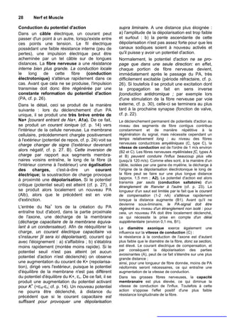 28      Nerf et Muscle

Conduction du potentiel d'action                         supra liminaire. A une distance plus éloignée :
Dans un câble électrique, un courant peut                a) l'amplitude de la dépolarisation est trop faible
passer d'un point à un autre, lorsqu'existe entre        et surtout : b) la pente ascendante de cette
ces points une tension. Le fil électrique                dépolarisation n'est pas assez forte pour que les
possédant une faible résistance interne (peu de          canaux sodiques soient à nouveau activés et
pertes), une impulsion électrique peut être              qu'il puisse y avoir un potentiel d'action.
acheminée par un tel câble sur de longues                Normalement, le potentiel d'action ne se pro-
distances. La fibre nerveuse a une résistance            page que dans une seule direction: en effet,
interne bien plus grande. La conduction locale           chaque portion de fibre nerveuse devient,
le    long    de   cette   fibre   (conduction           immédiatement après le passage du PA, très
électrotonique) s'atténue rapidement dans ce             difficilement excitable (période réfractaire, cf. p.
cas. Avant que cela ne se produise, l'impulsion          26). Si toutefois il se produit une excitation dont
transmise doit donc être régénérée par une               la propagation se fait en sens inverse
constante reformation du potentiel d'action              [conduction antidromique ; par exemple lors
(PA, cf. p. 26).                                         d'une stimulation de la fibre nerveuse par voie
Dans le détail, ceci se produit de la manière            externe, cf. p. 30), celle-ci se terminera au plus
suivante : lors du déclenchement d'un PA                 tard à la prochaine synapse (fonction de valve,
unique, il se produit une très brève entrée de           cf. p. 22).
Na+ [courant entrant de Na+, A1a). De ce fait,           Le déclenchement permanent de potentiels d'action au
se produit un courant ionique (cf. p. 14) vers           niveau des segments de fibre contigus contribue
l'intérieur de la cellule nerveuse. La membrane          constamment et de manière répétitive à la
cellulaire, précédemment chargée positivement            régénération du signal, mais nécessite cependant un
à l'extérieur (potentiel de repos, cf. p. 24) voit sa    temps relativement long : au niveau des fibres
charge changer de signe (l'extérieur devenant            nerveuses conductrices amyéliniques (C, type C), la
                                                         vitesse de conduction est de l'ordre de 1 m/s environ
alors négatif, cf. p. 27. B). Cette inversion de         (B2 et C). Les fibres nerveuses myélinisées [C, types A
charge par rapport aux segments membra-                  et B) peuvent conduire l'influx beaucoup plus vite
naires voisins entraîne, le long de la fibre (à          (jusqu'à 120 m/s). Comme elles sont, à la manière d'un
l'intérieur comme à l'extérieur) une égalisation         câble, isolées par une gaine de myéline, la décharge à
des charges, c'est-à-dire un courant                     l'origine de la dépolarisation électrotonique le long de
électrique; la soustraction de charge provoque           la fibre peut se faire sur une plus longue distance
                                                         (approx. 1,5 mm ; A2). Le potentiel d'action est alors
à proximité une dépolarisation. Si le potentiel
                                                         transmis par sauts (conduction saltatoire) d'un
critique (potentiel seuil) est atteint (cf. p. 27), il   étranglement de Ranvier à l'autre (cf. p. 23). La
se produit alors localement un nouveau PA                longueur d'un saut est limitée par le fait que le courant
(Alb), alors que le précédent est en voie                de compensation (1-2 nA) s'atténue rapidement
d'extinction.                                            lorsque la distance augmente (B1). Avant qu'il ne
                                                         devienne sous-liminaire, le PA-signal doit être
L'entrée du Na+ lors de la création du PA                régénéré au niveau d'un étranglement non isolé : pour
entraîne tout d'abord, dans la partie proximale          cela, un nouveau PA doit être localement déclenché,
de l'axone, une décharge de la membrane                  ce qui nécessite la prise en compte d'un délai
(décharge capacitaire de la membrane équiva-             supplémentaire (environ 0,1 ms, B1).
lant à un condensateur). Afin de rééquilibrer la         Le diamètre axonique exerce également une
charge, un courant électrique capacitaire va             influence sur la vitesse de conduction (C) :
s'instaurer [il sera ici dépolarisant), courant qui      la résistance à la conduction de l'axone est d'autant
avec l'éloignement : a) s'affaiblira ; b) s'établira     plus faible que le diamètre de la fibre, donc sa section,
moins rapidement (montée moins rapide). Si le            est élevé. Le courant électrique de compensation, et
                                                         par conséquent la dépolarisation des parties
potentiel seuil n'est pas atteint (et aucun
                                                         avoisinantes (A), peut de ce fait s'étendre sur une plus
potentiel d'action n'est déclenché) on observe           grande distance ;
une augmentation du courant de K+ (repolarisa-           ainsi, pour une longueur de fibre donnée, moins de PA
tion), dirigé vers l'extérieur, puisque le potentiel     néoformés seront nécessaires, ce qui entraîne une
d'équilibre de la membrane n'est pas différent           augmentation de la vitesse de conduction.
du potentiel d'équilibre du K+, EK. De ce fait, il se    Dans les grosses fibres nerveuses, la capacité
produit une augmentation du potentiel activant           membranaire est plus élevée, ce qui diminue la
pour K+ (=EM-EK; cf. p. 14). Un nouveau potentiel        vitesse de conduction de l'influx. Toutefois à cette
ne pourra être déclenché, à distance du                  action s'oppose l'effet positif d'une plus faible
                                                         résistance longitudinale de la fibre.
précédent que si le courant capacitaire est
suffisant pour provoquer une dépolarisation
 