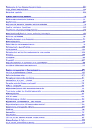 Réabsorption de l'eau et des substances minérales ................................................................................................ 228
Côlon, rectum, défécation, fèces .............................................................................................................................. 230
Bactériémie intestinale .............................................................................................................................................. 230

Système endocrinien et Hormones ....................................................................................................................... 232
Mécanismes d'intégration de l'organisme ................................................................................................................ 232
Les hormones ........................................................................................................................................................... 234
Régulation par rétroaction. Principes d'action des hormones ................................................................................... 238
Système hypothalamo -hypophysaire ....................................................................................................................... 240
Transmission cellulaire du message hormonal ......................................................................................................... 242

Métabolisme des hydrates de carbone. Hormones pancréatiques ……………………………………………………... 246
Hormones thyroïdiennes .......................................................................................................................................... 250
Régulation du calcium et du phosphate ................................................................................................................... 254
Métabolisme osseux ................................................................................................................................................ 256
Biosynthèse des hormones stéroïdiennes ............................................................................................................... 258
Corticosurrénale : glucocorticoïdes ......................................................................................................................... 260
Cycle menstruel ...................................................................................................................................................... 262
Régulation de la sécrétion hormonale pendant le cycle menstruel ……………………………………………………. 264
Prolactine ................................................................................................................................................................ 264
Œstrogènes ............................................................................................................................................................. 266
Progestatifs ............................................................................................................................................................. 267
Régulation hormonale de la grossesse et de l'accouchement ……………………………………………………........ 268
Androgènes, fonction testiculaire, éjaculation. ........................................................................................................ 270


Système nerveux central et Organes des sens ................................................................................................. 272
Structure du système nerveux central .................................................................................................................... 272
Le liquide céphalorachidien .................................................................................................................................... 272
Perception et traitement des stimulations .............................................................................................................. 274
Les récepteurs de la peau. La douleur .................................................................................................................. 276
Sensibilité profonde. Réflexes proprioceptifs ........................................................................................................ 278
Réflexes extéroceptifs ........................................................................................................................................... 280
Mécanismes d'inhibition dans la transmission nerveuse ....................................................................................... 280
Transmission centrale des stimulations sensorielles ............................................................................................ 282
Motricité posturale ................................................................................................................................................. 284
Rôle du cervelet .................................................................................................................................................... 286
Motricité dirigée ou volontaire ................................................................................................................................ 288
Hypothalamus. Système limbique. Cortex associatif ............................................................................................. 290
Electroencéphalogramme. Comportement éveil-sommeil ……………………………………………………….......... 292
La conscience, le langage et la mémoire ............................................................................................................... 294
L'olfaction ............................................................................................................................................................... 296
La gustation ........................................................................................................................................................... 296
L'équilibration ......................................................................................................................................................... 298
Structure de l'œil. Sécrétion lacrymale, humeur aqueuse ..................................................................................... 300
L'appareil optique de l'œil ....................................................................................................................................... 302
Acuité visuelle. Photorécepteurs rétiniens .............................................................................................................. 304
 