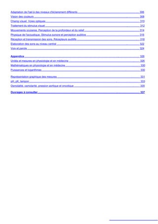 Adaptation de l'œil à des niveaux d'éclairement différents ................................................................................... 306
Vision des couleurs ............................................................................................................................................... 308
Champ visuel. Voies optiques ............................................................................................................................... 310
Traitement du stimulus visuel ................................................................................................................................ 312
Mouvements oculaires. Perception de la profondeur et du relief .......................................................................... 314
Physique de l'acoustique. Stimulus sonore et perception auditive …………………………………………………... 316
Réception et transmission des sons. Récepteurs auditifs ..................................................................................... 318
Elaboration des sons au niveau central ................................................................................................................ 322
Voix et parole ........................................................................................................................................................ 324


Appendice ............................................................................................................................................................ 326
Unités et mesures en physiologie et en médecine ................................................................................................ 326
Mathématiques en physiologie et en médecine ..................................................................................................... 330
Puissances et logarithmes ..................................................................................................................................... 330

Représentation graphique des mesures ................................................................................................................ 331
pH, pK, tampon ...................................................................................................................................................... 333
Osmolalité. osmolarité. pression aortique et oncotique ......................................................................................... 335

Ouvrages à consulter .......................................................................................................................................... 337
 