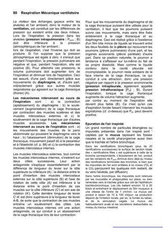 80    Respiration Mécanique ventilatoire

Le moteur des échanges gazeux entre les                  Pour que les mouvements du diaphragme et de
alvéoles et l'air ambiant, donc le moteur de la          la cage thoracique puissent être utilisés pour la
ventilation, est constitué par les différences de        ventilation, il faut que les poumons puissent
pression qui existent entre ces deux milieux.            suivre ces mouvements, mais sans être fixés
Lors de 'inspiration, la pression dans les              entièrement à la cage thoracique et au
alvéoles (pression intrapulmonaire : Ppulm ; B)          diaphragme. Ceci est réalisé grâce à l'existence
doit     être     inférieure   à     la     pression     d'un film très mince de liquide se trouvant entre
(atmosphérique) de l'air ambiant ;                       les deux feuillets de la plèvre qui recouvrent les
lors de l’expiration, c'est l'inverse qui doit se        poumons (plèvre pulmonaire) d'une part, et les
produire. Si l'on suppose que la pression                organes avoisinants (plèvre pariétale) d'autre
atmosphérique est égale à zéro. il s'ensuit que          part. Dans sa position naturelle, le poumon a
pendant l'inspiration, la pression pulmonaire est        tendance à s'affaisser sur lui-même du fait de
négative et que, pendant l'expiration, elle est          sa propre élasticité. Mais comme le liquide
positive (B). Pour atteindre ces pressions, le           contenu dans la cavité pleurale est
volume pulmonaire doit augmenter lors de                 incompressible, le poumon reste solidaire de la
l'inspiration et diminuer lors de l'expiration. Ceci     face interne de la cage thoracique, ce qui
est assuré, d'une part, directement grâce aux            conduit à une attraction, donc une pression
mouvements du diaphragme, et, d'autre part,              négative par rapport à la pression environnante
indirectement grâce aux autres muscles                   (pression intrapleurale, également appelée
respiratoires qui agissent sur la cage thoracique        pression intrathoracique [Ppl] ; B). Durant
(thorax) (A).                                            l'inspiration, lorsque la cage thoracique
Les mécanismes intervenant au cours de                   augmente de volume l'attraction augmente;
l'inspiration sont : a) la contraction                   par contre au moment de l'expiration elle
(aplatissement) du diaphragme : b) le soulè-             devient plus faible (B). Ce n'est qu'en cas
vement (augmentation) de la cage thoracique              d'expiration forcée faisant intervenir les muscles
par contraction des muscles scalènes et des              expiratoires (cf. ci-dessus) que Ppl, peut devenir
muscles intercostaux externes et c) le                   positive.
soulèvement de la cage thoracique par d'autres
muscles accessoires. Les mécanismes                      Epuration de l'air inspiréé
intervenant au cours de l'expiration sont : a)           Un grand nombre de particules étrangères ou
les mouvements des muscles de la paroi                   impuretés présentes dans l'air inspiré sont '
abdominale qui poussent le diaphragme vers le            captées par le mucus tapissant les fosses
haut ; b) l'abaissement (diminution) de la cage          nasales et la cavité pharyngienne aussi bien
thoracique, mouvement passif dû à la pesanteur           que la trachée et l'arbre bronchique.
et à l'élasticité (cf. p. 88) et c) la contraction des   Dans les ramifications bronchiques (plus de 20
muscles intercostaux internes.                           ramifications successives) la surface de section totale
                                                         des « ramifications filles » est supérieure à celle de la
Les muscles intercostaux externes, tout comme            bronche correspondante. L'écoulement de l'air, produit
les muscles intercostaux internes, s'insèrent sur        par les variations de Ppulm diminue donc déjà au niveau
deux     côtes    successives.      Leur    action       des ramifications terminales des bronches, si bien que
antagoniste s'explique essentiellement par la            les impuretés de l'air sont arrêtées à ce niveau (l'O2 et
différence de longueur du levier sur la côte             le CO2 parcourent les quelques mm restant, de
supérieure ou inférieure (A) : la distance entre le      ou vers l'alvéole, par diffusion).
point d'insertion des muscles intercostaux               Dans l'arbre bronchique, les impuretés sont retenues
externes sur la côte supérieure (B) et l'axe de          par les mucosités et phagocytées sur place, ou bien
rotation de cette côte (A) est inférieure à la           ramenées vers la trachée grâce aux cils de l'épithélium
distance entre le point d'insertion de ces               trachéo-bronchique. Les cils battent environ 12 à 20
muscles sur la côte inférieure (C') et son axe de        fois/s et entraînent le déplacement du film muqueux à
                                                         une vitesse de l'ordre de 1 cm/min. Le mucus est
rotation (A'). Cette dernière longueur de levier         produit à raison de 10 à 100 ml/jour; sa production
C'-A' est donc supérieure à la longueur de levier        dépend de l'irritation locale, par ex. la fumée du tabac,
A-B, de sorte que la contraction de ces muscles          et de la stimulation vagale. Le mucus est
entraîne un soulèvement des côtes. Les                   habituellement avalé et les sécrétions réabsorbées au
muscles intercostaux internes ont une action             niveau du tractus intestinal.
antagoniste, ce qui conduit à un abaissement
de la cage thoracique lors de leur contraction.
 
