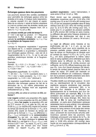 92      Respiration

Échanges gazeux dans les poumons                       quotient respiratoire : selon l'alimentation, il
Les poumons doivent être ventilés (ventilation}        varie entre 0,75 et 1,0 (cf. p. 198).
pour permettre les échanges gazeux entre les           Étant donné que les pressions partielles
alvéoles et le sang. A chaque cycle respiratoire,      alvéolaires moyennes sont de 13,33 kPa (100
le volume courant (VT) est inspiré et expiré.          mmHg) pour O2 et de 5.33 kPa (40 mmHg) pour
Mais de ce volume VT seule la fraction alvéolaire      CO2 et que les pressions partielles dans le sang
(VA) est en contact avec les alvéoles, tandis que      veineux sont de 5,33 l kPa (40 mmHg) environ
le reste (VD) représente l'espace mort. On a           pour O2 et 6,13 kPa (46 mmHg) pour CO2, il
donc VT = VA + VD (cf. p. 86).                         existe pour 0; un gradient de pression partielle
Le volume ventilé par unité de temps VT                de 8 kPa environ (60 mmHg) en sens inverse.
(I • min-1) est égal au produit : VT • fréquence       La diffusion des gaz entre l'espace alvéolaire et
respiratoire f. Par analogie, on peut aussi            l'intérieur des érythrocytes est due à ces
calculer la ventilation alvéolaire : VA = VA • f ou    différences de pression (cf. aussi p. 94 et suiv.)
la ventilation de l'espace mort :                      (A).
VD = VD • f.                                           Le trajet de diffusion entre l'alvéole et les
Lorsque la fréquence respiratoire f augmente           érythrocytes est de 1 à 2 µm, ce qui est
aux dépens de VT, VT restant constant (« respi-        suffisamment court pour qu'un équilibre de la
ration superficielle »), la grandeur VA nécessaire     pression partielle puisse s'établir pendant le
aux échanges gazeux diminue ; ceci est dû à            laps de temps où l'érythrocyte et l'alvéole sont
l'augmentation de VD (= VD . f), car VD est une        en contact (au repos ≈ 0,75 s; A). La PO2 et la
grandeur anatomique donnée, et à l'augmen-             PCO2 ont donc pratiquement la même valeur
tation de f.                                           dans le sang capillaire ainsi artérialisé que dans
                                                       l'alvéole [pour la diffusion du CO2, la faible
Exemple :                                              différence de pression (6 mmHg environ) est
Normal : VT = 0,5 I, f = 15 min-1 ; VD = 0,15 l        suffisante, car le CO2 diffuse beaucoup plus vite
donc VT = 7.5 l • min -1 ; VD = 2.25 l • min-1 ;       que l'O2. Lors d'un travail physique (Qc élevé),
                  1
VA = 5.25 l • min- .                                   le temps de contact baisse jusqu'au tiers de la
Respiration superficielle : VT = 0,375 I;              valeur de repos. S'il existe par exemple un
f = 20 min-1 ; VD = 0,15 l (constant) donc VT =        obstacle à la diffusion (cf. ci-dessous), l'adapta-
7.5 l • min-1,( resté constant) ; VD = 3 l • min-1     tion de la pression partielle alvéolaire sera donc
(augmenté) ; VA = 4.5 l • min-1 (diminué !).           plus difficile lors d'un effort qu'au repos.
La respiration superficielle conduit donc à une        Troubles relatifs aux échanges gazeux : ils sont
réduction des échanges gazeux du fait de la            dus au ralentissement de la circulation des
diminution de VA. Le même phénomène se                 capillaires sanguins alvéolaires (par exemple
produit lorsque l'espace mort est augmenté             lors d'un infarctus pulmonaire; B2), à la
artificiellement (cf. p. 106).                         présence d'un obstacle à la diffusion (un
                                                       épaississement de la membrane lors d'un oe-
Combien d'O2 est utilisé et combien de CO2 est         dème pulmonaire par exemple, B3), à la non
formé ?                                                ventilation des alvéoles (par exemple lors de
L'air inspiré contient une proportion d'O2 égale       l'inhalation d'un corps étranger, B4). Dans les
à 0,21 (FlO2 et une proportion de CO2 de 0,0003        cas B3 et B4, le sang est insuffisamment
(FlCO2) ; dans l'air expiré, la proportion d'O2 est    artérialisé : on parle alors d'admission veineuse
de 0,17 environ (FEO2) et celle de CO2 est de          (alvéolaire) dans le sang artériel. Une admission
0.035 (FECO2). Le volume d'O2 inspiré en fonction      veineuse (extra-alvéolaire) (B) est observée
du temps est donné par la formule VT • FIO2 et le      lorsque du sang veineux d'une partie des veines
volume d'O2 expiré en fonction du temps est            bronchiques et des veines de Thebesius du
donné par la formule VT • FEO2. La différence VT       cœur, provenant de court-circuits (shunts) arté-
(FIO2 – FEO2) correspond a la consommation             rioveineux, parvient dans les poumons. Ces
d'oxygène VO2 qui est, au repos, d'environ             mélanges provoquent une baisse de la PO2, de
0.3 l • min-1. De façon analogue le volume de          13,33 kPa (100 mmHg) (après passage alvéo-
CO2 libéré VCO2 est égal à VT (FECO2 – FICO2 ), soit   laire) à 12,66 kPa environ (95 mmHg) dans
environ 0,25 l • min-1, au repos. VO2 et VCO2 sont     l'aorte (et une augmentation correspondante de
multipliés par dix environ lors d'un travail           la PCO2) (A et cf. p. 78).
pénible. Le rapport VCO2/VO2 est appelé
 