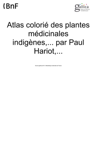 Atlas colorié des plantes
médicinales
indigènes,... par Paul
Hariot,...
Source gallica.bnf.fr / Bibliothèque nationale de France
 