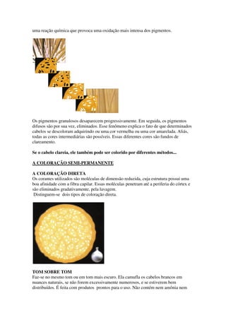 uma reação química que provoca uma oxidação mais intensa dos pigmentos.




Os pigmentos granulosos desaparecem progressivamente. Em seguida, os pigmentos
difusos são por sua vez, eliminados. Esse fenômeno explica o fato de que determinados
cabelos se descoloram adquirindo ou uma cor vermelha ou uma cor amarelada. Aliás,
todas as cores intermediárias são possíveis. Essas diferentes cores são fundos de
clareamento.

Se o cabelo clareia, ele também pode ser colorido por diferentes métodos...

A COLORAÇÃO SEMI-PERMANENTE

A COLORAÇÃO DIRETA
Os corantes utilizados são moléculas de dimensão reduzida, cuja estrutura possui uma
boa afinidade com a fibra capilar. Essas moléculas penetram até a periferia do córtex e
são eliminados gradativamente, pela lavagem.
 Distinguem-se dois tipos de coloração direta.




TOM SOBRE TOM
Faz-se no mesmo tom ou em tom mais escuro. Ela camufla os cabelos brancos em
nuances naturais, se não forem excessivamente numerosos, e se estiverem bem
distribuídos. É feita com produtos prontos para o uso. Não contém nem amônia nem
 