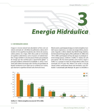 Atlas de Energia Elétrica do Brasil 51
 Energia Hidráulica | Capítulo 3
3Energia Hidráulica
3.1 INFORMAÇÕES GERAIS
A água é o recurso natural mais abundante na Terra: com um
volume estimado de 1,36 bilhão de quilômetros cúbicos (km3
)
recobre 2/3 da superfície do planeta sob a forma de oceanos,
calotas polares, rios e lagos. Além disso, pode ser encontrada
em aquíferos subterrâneos, como o Guarani, no Sudeste brasi-
leiro. A água também é uma das poucas fontes para produção
de energia que não contribui para o aquecimento global – o
principal problema ambiental da atualidade. E, ainda, é reno-
vável: pelos efeitos da energia solar e da força da gravidade, de
líquido transforma-se em vapor que se condensa em nuvens,
que retornam à superfície terrestre sob a forma de chuva.
Mesmo assim, a participação da água na matriz energética mun-
dial é pouco expressiva e, na matriz da energia elétrica, decres-
cente. Segundo o último relatório Key World Energy Statistics,
da International Energy Agency (IEA), publicado em 2008, entre
1973 e 2006 a participação da força das águas na produção to-
tal de energia passou, conforme o Gráfico 3.1 abaixo, de 2,2%
para apenas 1,8%. No mesmo período, como mostra a seguir o
Gráfico 3.2, a posição na matriz da energia elétrica sofreu recuo
acentuado: de 21% para 16%, inferior à do carvão e à do gás
natural, ambos combustíveis fósseis não-renováveis, cuja com-
bustão é caracterizada pela liberação de gases na atmosfera e
0
5
10
15
20
25
30
35
40
45
50
20,5
16,0
Gás natural
6,2
0,9
Nuclear
10,2 10,1
Biomassa
2,2 1,8
Hidráulica
0,6 0,1
Outras
renováveis
2006
1973
%
46,1
Petróleo
34,4
26,0
Carvão
24,5
Gráfico 3.1 - Matriz energética nos anos de 1973 e 2006.
Fonte: IEA, 2008.
 