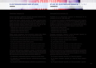E L E K T R O K A R D I O G R A F I A K O AT L A S A 			 AT L A S D E E L E C T R O C A R D I O G R A F í A / 1 /
OINARRIAK FUNDAMENTOS
/ 11 /
Colocación de los electrodos (II)
Electrodos de las extremidades. Registran las derivaciones de los
miembros: DI, DII, DIII, aVR, aVL, aVF.
Si se colocan en un miembro el electrodo positivo y en el otro el negativo,
se registran las derivaciones DI, DII y DIII. Si el electrodo explorador se
conecta a un miembro y el indiferente a los otros dos simultáneamente,
se obtienen las derivaciones aumentadas de las extremidades aVR, aVL y
aVF. Los electrodos de las extremidades exploran el plano frontal.
•	 Electrodo rojo: muñeca derecha
•	 Electrodo amarillo: muñeca izquierda
•	 Electrodo negro: tobillo derecho
•	 Electrodo verde: tobillo izquierdo
Electrodos precordiales. Exploran el plano horizontal. Registran las
derivaciones precordiales: V1
, V2
, V3
, V4
, V5
, V6
•	 V1
: 4º espacio intercostal derecho, junto al esternón
•	 V2
: 4º espacio intercostal izquierdo, junto al esternón
•	 V3
: punto medio entre V2
y V4
•	 V4
: 5º espacio intercostal izquierdo, en la línea medio-clavicular
•	 V5
: 5º espacio intercostal izquierdo, en la línea axilar anterior
•	 V6
: 5º espacio intercostal izquierdo, en la línea axilar media
El EKG rutinario consta de las 12 derivaciones obtenidas con los electrodos
descritos. A veces se usan otras derivaciones: V3
R. V4
R (en pediatría y en
infartos de ventrículo derecho), las derivaciones esofágicas o las torácicas
posteriores. Estas últimas se sitúan así:
•	 V7
: 5º espacio intercostal izquierdo, en la línea axilar posterior
•	 V8
: 5º espacio intercostal izquierdo, en la línea del ángulo escapular
inferior
•	 V9
: 5º espacio intercostal izquierdo, en la línea paravertebral izquierda
Elektrodoen kokapena (II)
Gorputz-adarretako elektrodoak. Gorputz-adarretako deribazioak (DI,
DII, DIII, aVR, aVL, aVF) erregistratzen dituzte.
Gorputz-adar batean elektrodo positiboa eta bestean negatiboa jartzen
badira, DI, DII eta DIII deribazioak erregistratzen dira. Elektrodo miatzailea
gorputz-adar batean lotzen bada eta indiferentea beste bietan aldi berean,
gorputz-adarretako deribazio handituak lortzen dira, aVR, aVL eta aVF.
Gorputz-adarretako elektrodoek plano frontala miatzen dute.
•	 Elektrodo gorria: eskuineko eskumuturrean
•	 Elektrodo horia: ezkerreko eskumuturrean
•	 Elektrodo beltza: eskuineko orkatilan
•	 Elektrodo berdea: ezkerreko orkatilan
Bihotz aurreko elektrodoak. Plano horizontala miatzen dute. Bihotz
aurreko deribazioak (V1
, V2
, V3
, V4
, V5
, V6
) erregistratzen dituzte.
•	 V1
: eskuineko 4. saihetsarteko espazioan, bularrezurraren ondoan
•	 V2
: ezkerreko 4. saihetsarteko espazioan, bularrezurraren ondoan
•	 V3
: V2
eta V4
deribazioen arteko erdiko puntuan
•	 V4
: ezkerreko 5. saihetsarteko espazioan, lepauztaiaren erdiko lerroan
•	 V5
: ezkerreko 5. saihetsarteko espazioan, besapearen aurreko lerroan
•	 V6
: ezkerreko 5. saihetsarteko espazioan, besapearen erdiko lerroan
Errutinazko EKGk aipatutako elektrodoekin lortutako 12 deribazioak hartzen
ditu kontuan. Batzuetan beste deribazio batzuk erabiltzen dira: V3
R edo V4
R
(pediatrian eta eskuineko bentrikuluaren infartuetan), hestegorriko deribazioak
edo atzeko deribazio torazikoak. Azken horiek horrela kokatzen dira:
•	 V7
: ezkerreko 5. saihetsarteko espazioan, besapearen atzeko lerroan
•	 V8
: ezkerreko 5. saihetsarteko espazioan, sorbalda-hezurraren beheko
angeluaren parean
•	 V9
: ezkerreko 5. saihetsarteko espazioan, ezkerreko lerro parabertebralean
 