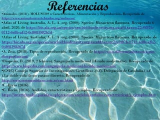 Referencias•Animales. (2018 ). MOLUSCOS » Características, Alimentación y Reproducción. Recuperado de
https://www.animalesinvertebrados.org/moluscos/
•Atlas of Living Australia, A. L. A. org. (2000). Species: Maxacteon flammea. Recuperado 6
abril, 2020, de https://bie.ala.org.au/species/urn:lsid:biodiversity.org.au:afd.taxon:22c0f87b-
0712-4e8b-af12-0c808398267d
•Atlas of Living Australia, A. L. A. org. (2000). Species: Maxacteon flammea. Recuperado de
https://bie.ala.org.au/species/urn:lsid:biodiversity.org.au:afd.taxon:22c0f87b-0712-4e8b-af12-
0c808398267d
•A. Zita. (2018). Tipos de reproducción. Recuperado de https://www.diferenciador.com/tipos-
dereproduccion/
•Biopedia, B. (2019, 2 febrero). Sanguijuela medicinal (Hirudo medicinalis). Recuperado de
https://www.biopedia.com/sanguijuela-medicinal-hirudo-medicinalis/
•(CSIC) Consejo Superior de Investigaciones Científicas .(s.f). Delegación de Cataluña.( s.f
).La doble vida de un gusano discreto. Recuperado de
http://www.seresmodelicos.csic.es/cuc.html
•C. Recio (2016).
•C. Recio. (2016). Anélidos, características y ejemplos. Recuperado de
https://invertebrados.paradais-sphynx.com/anelidos/anelidos-caracteristicas-y-ejemplos.htm
 