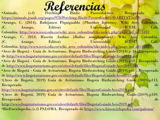 Referencias•Animals, (s.f) Perching Birds: Passeriformes. Recuperado de
https://animals.jrank.org/pages/978/Perching-Birds-Passeriformes-HABITAT.html
•Arango, C. (2014). Rabijunco Piquigualdo (Phaethon lepturus). Wiki Aves Colombia.
(C. Arango, Editor) . Universidad ICESI. Cali.
Colombia. http://www.icesi.edu.co/wiki_aves_colombia/tiki-index.php?page_ref_id=1457
•Arango, C. 2014. Rascón Andino (Rallus semiplumbeus). Wiki Aves Colombia.
(C. Arango, Editor) . Universidad ICESI. Cali.
Colombia. http://www.icesi.edu.co/wiki_aves_colombia/tiki-index.php?page_ref_id=1342
•Aves de Bogotá - Guía de Aviturismo. Bogota Birdwatching Guide.(2019).p 34. Recuperado
de http://www.bogotaturismo.gov.co/sites/default/files/BogotaGuiadeAves2019.pdf
•Aves de Bogotá - Guía de Aviturismo. Bogota Birdwatching Guide.(2019).p28 . Recuperado
de http://www.bogotaturismo.gov.co/sites/default/files/BogotaGuiadeAves2019.pdf
•Aves de Bogotá - Guía de Aviturismo. Bogota Birdwatching Guide.(2019).p41 . Recuperado
de http://www.bogotaturismo.gov.co/sites/default/files/BogotaGuiadeAves2019.pdf
•(Aves de Bogotá, 2019) Guía de Aviturismo. Bogota Birdwatching Guide.(2019).p113.
Recuperado de
http://www.bogotaturismo.gov.co/sites/default/files/BogotaGuiadeAves2019.pdf
•(Aves de Bogotá, 2019) Guía de Aviturismo. Bogota Birdwatching Guide.(2019).p109.
Recuperado de
http://www.bogotaturismo.gov.co/sites/default/files/BogotaGuiadeAves2019.pdf
•BioEnciclopedia, (s.f) PALOMA. Recuperado de https://www.bioenciclopedia.com/paloma/
 