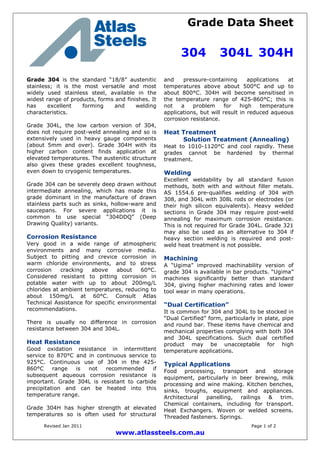 Grade Data Sheet
304 304L 304H
Revised Jan 2011 Page 1 of 2
www.atlassteels.com.au
Grade 304 is the standard “18/8” austenitic
stainless; it is the most versatile and most
widely used stainless steel, available in the
widest range of products, forms and finishes. It
has excellent forming and welding
characteristics.
Grade 304L, the low carbon version of 304,
does not require post-weld annealing and so is
extensively used in heavy gauge components
(about 5mm and over). Grade 304H with its
higher carbon content finds application at
elevated temperatures. The austenitic structure
also gives these grades excellent toughness,
even down to cryogenic temperatures.
Grade 304 can be severely deep drawn without
intermediate annealing, which has made this
grade dominant in the manufacture of drawn
stainless parts such as sinks, hollow-ware and
saucepans. For severe applications it is
common to use special “304DDQ” (Deep
Drawing Quality) variants.
Corrosion Resistance
Very good in a wide range of atmospheric
environments and many corrosive media.
Subject to pitting and crevice corrosion in
warm chloride environments, and to stress
corrosion cracking above about 60°C.
Considered resistant to pitting corrosion in
potable water with up to about 200mg/L
chlorides at ambient temperatures, reducing to
about 150mg/L at 60°C. Consult Atlas
Technical Assistance for specific environmental
recommendations.
There is usually no difference in corrosion
resistance between 304 and 304L.
Heat Resistance
Good oxidation resistance in intermittent
service to 870°C and in continuous service to
925°C. Continuous use of 304 in the 425-
860°C range is not recommended if
subsequent aqueous corrosion resistance is
important. Grade 304L is resistant to carbide
precipitation and can be heated into this
temperature range.
Grade 304H has higher strength at elevated
temperatures so is often used for structural
and pressure-containing applications at
temperatures above about 500°C and up to
about 800°C. 304H will become sensitised in
the temperature range of 425-860°C; this is
not a problem for high temperature
applications, but will result in reduced aqueous
corrosion resistance.
Heat Treatment
Solution Treatment (Annealing)
Heat to 1010-1120°C and cool rapidly. These
grades cannot be hardened by thermal
treatment.
Welding
Excellent weldability by all standard fusion
methods, both with and without filler metals.
AS 1554.6 pre-qualifies welding of 304 with
308, and 304L with 308L rods or electrodes (or
their high silicon equivalents). Heavy welded
sections in Grade 304 may require post-weld
annealing for maximum corrosion resistance.
This is not required for Grade 304L. Grade 321
may also be used as an alternative to 304 if
heavy section welding is required and post-
weld heat treatment is not possible.
Machining
A “Ugima” improved machinability version of
grade 304 is available in bar products. “Ugima”
machines significantly better than standard
304, giving higher machining rates and lower
tool wear in many operations.
“Dual Certification”
It is common for 304 and 304L to be stocked in
“Dual Certified” form, particularly in plate, pipe
and round bar. These items have chemical and
mechanical properties complying with both 304
and 304L specifications. Such dual certified
product may be unacceptable for high
temperature applications.
Typical Applications
Food processing, transport and storage
equipment, particularly in beer brewing, milk
processing and wine making. Kitchen benches,
sinks, troughs, equipment and appliances.
Architectural panelling, railings & trim.
Chemical containers, including for transport.
Heat Exchangers. Woven or welded screens.
Threaded fasteners. Springs.
 