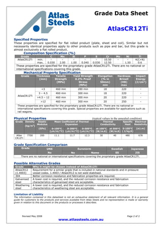 Grade Data Sheet
AtlasCR12Ti
Revised May 2008 Page 2 of 2
www.atlassteels.com.au
Specified Properties
These properties are specified for flat rolled product (plate, sheet and coil). Similar but not
necessarily identical properties apply to other products such as pipe and bar, but this grade is
almost exclusively a flat rolled product.
Composition Specification (%)
Grade C Mn Si P S Cr Mo Ni Ti
AtlasCR12Ti min.
max.
-
0.030
-
2.00
-
1.00
-
0.040
-
0.030
10.50
12.50
- -
1.50
4(C+N)
0.6
These properties are specified for the proprietary grade AtlasCR12Ti. There are no national or
international specifications covering this grade.
Mechanical Property Specification
Grade Thickness
(mm)
Tensile
Strength
(MPa)
Yield Strength
0.2% Proof
Stress
(MPa)
Elongation
(% in
50mm)
min
Hardness
Brinell
(HB)
max
Impact
Energy
(J/cm²)
<3 460 min 280 min 18 220 -
3 – 4.5 460 min 300 min 18 220 -
>4.5 – 12 460 min 300 min 20 220 -
AtlasCR12Ti
>12 460 min 300 min 20 250 -
These properties are specified for the proprietary grade AtlasCR12Ti. There are no national or
international specifications covering this grade. Special properties are available for applications such as
rail wagons.
Physical Properties (typical values in the annealed condition)
Mean Coefficient of Thermal
Expansion
Thermal
Conductivity
Grade Density
(kg/m3
)
Elastic
Modulus
(GPa) 0-100°C
(m/m/°C)
0-300°C
(m/m/°C)
0-500°C
(m/m/°C)
at 100°C
(W/m.K)
at 500°C
(W/m.K)
Specific
Heat
0-100°C
( J/kg.K)
Electrical
Resistivity
(n.m)
Atlas
CR12Ti
7700 200 11.1 11.7 12.3 30 40 480 678
Grade Specification Comparison
EuronormGrade UNS
No No Name
Swedish
SS
Japanese
JIS
There are no national or international specifications covering the proprietary grade AtlasCR12Ti.
Possible Alternative Grades
Grade Why it might be chosen instead of AtlasCR12Ti
AtlasCR12
(1.4003)
Requirement for a similar grade that is included in national standards and in pressure
vessel codes. 1.4003 / AtlasCR12 is not weld stabilised.
304 Better corrosion resistance and fabrication properties are required.
Galvanised
steel
A lower cost is required, and the reduced corrosion resistance and fabrication
characteristics of galvanised steel are acceptable.
Weathering
steel
A lower cost is required, and the reduced corrosion resistance and fabrication
characteristics of weathering steel are acceptable.
Limitation of Liability
The information contained in this datasheet is not an exhaustive statement of all relevant information. It is a general
guide for customers to the products and services available from Atlas Steels and no representation is made or warranty
given in relation to this document or the products or processes it describes.
 