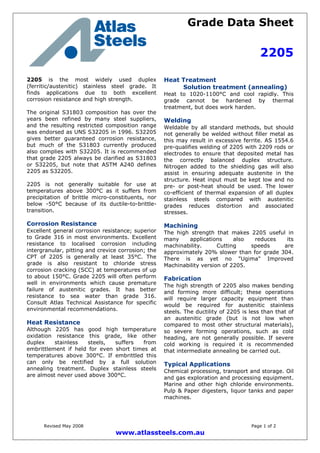 Grade Data Sheet
2205
Revised May 2008 Page 1 of 2
www.atlassteels.com.au
2205 is the most widely used duplex
(ferritic/austenitic) stainless steel grade. It
finds applications due to both excellent
corrosion resistance and high strength.
The original S31803 composition has over the
years been refined by many steel suppliers,
and the resulting restricted composition range
was endorsed as UNS S32205 in 1996. S32205
gives better guaranteed corrosion resistance,
but much of the S31803 currently produced
also complies with S32205. It is recommended
that grade 2205 always be clarified as S31803
or S32205, but note that ASTM A240 defines
2205 as S32205.
2205 is not generally suitable for use at
temperatures above 300°C as it suffers from
precipitation of brittle micro-constituents, nor
below -50°C because of its ductile-to-brittle-
transition.
Corrosion Resistance
Excellent general corrosion resistance; superior
to Grade 316 in most environments. Excellent
resistance to localised corrosion including
intergranular, pitting and crevice corrosion; the
CPT of 2205 is generally at least 35°C. The
grade is also resistant to chloride stress
corrosion cracking (SCC) at temperatures of up
to about 150°C. Grade 2205 will often perform
well in environments which cause premature
failure of austenitic grades. It has better
resistance to sea water than grade 316.
Consult Atlas Technical Assistance for specific
environmental recommendations.
Heat Resistance
Although 2205 has good high temperature
oxidation resistance this grade, like other
duplex stainless steels, suffers from
embrittlement if held for even short times at
temperatures above 300°C. If embrittled this
can only be rectified by a full solution
annealing treatment. Duplex stainless steels
are almost never used above 300°C.
Heat Treatment
Solution treatment (annealing)
Heat to 1020-1100°C and cool rapidly. This
grade cannot be hardened by thermal
treatment, but does work harden.
Welding
Weldable by all standard methods, but should
not generally be welded without filler metal as
this may result in excessive ferrite. AS 1554.6
pre-qualifies welding of 2205 with 2209 rods or
electrodes to ensure that deposited metal has
the correctly balanced duplex structure.
Nitrogen added to the shielding gas will also
assist in ensuring adequate austenite in the
structure. Heat input must be kept low and no
pre- or post-heat should be used. The lower
co-efficient of thermal expansion of all duplex
stainless steels compared with austenitic
grades reduces distortion and associated
stresses.
Machining
The high strength that makes 2205 useful in
many applications also reduces its
machinability. Cutting speeds are
approximately 20% slower than for grade 304.
There is as yet no "Ugima" Improved
Machinability version of 2205.
Fabrication
The high strength of 2205 also makes bending
and forming more difficult; these operations
will require larger capacity equipment than
would be required for austenitic stainless
steels. The ductility of 2205 is less than that of
an austenitic grade (but is not low when
compared to most other structural materials),
so severe forming operations, such as cold
heading, are not generally possible. If severe
cold working is required it is recommended
that intermediate annealing be carried out.
Typical Applications
Chemical processing, transport and storage. Oil
and gas exploration and processing equipment.
Marine and other high chloride environments.
Pulp & Paper digesters, liquor tanks and paper
machines.
 