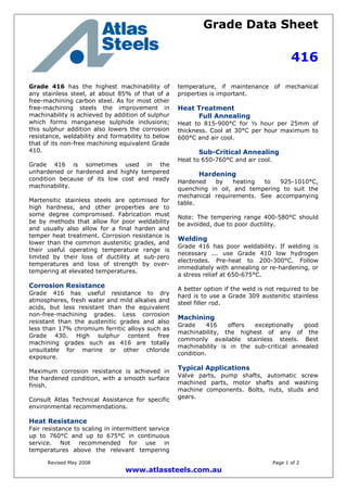 Grade Data Sheet
416
Revised May 2008 Page 1 of 2
www.atlassteels.com.au
Grade 416 has the highest machinability of
any stainless steel, at about 85% of that of a
free-machining carbon steel. As for most other
free-machining steels the improvement in
machinability is achieved by addition of sulphur
which forms manganese sulphide inclusions;
this sulphur addition also lowers the corrosion
resistance, weldability and formability to below
that of its non-free machining equivalent Grade
410.
Grade 416 is sometimes used in the
unhardened or hardened and highly tempered
condition because of its low cost and ready
machinability.
Martensitic stainless steels are optimised for
high hardness, and other properties are to
some degree compromised. Fabrication must
be by methods that allow for poor weldability
and usually also allow for a final harden and
temper heat treatment. Corrosion resistance is
lower than the common austenitic grades, and
their useful operating temperature range is
limited by their loss of ductility at sub-zero
temperatures and loss of strength by over-
tempering at elevated temperatures.
Corrosion Resistance
Grade 416 has useful resistance to dry
atmospheres, fresh water and mild alkalies and
acids, but less resistant than the equivalent
non-free-machining grades. Less corrosion
resistant than the austenitic grades and also
less than 17% chromium ferritic alloys such as
Grade 430. High sulphur content free
machining grades such as 416 are totally
unsuitable for marine or other chloride
exposure.
Maximum corrosion resistance is achieved in
the hardened condition, with a smooth surface
finish.
Consult Atlas Technical Assistance for specific
environmental recommendations.
Heat Resistance
Fair resistance to scaling in intermittent service
up to 760°C and up to 675°C in continuous
service. Not recommended for use in
temperatures above the relevant tempering
temperature, if maintenance of mechanical
properties is important.
Heat Treatment
Full Annealing
Heat to 815-900°C for ½ hour per 25mm of
thickness. Cool at 30°C per hour maximum to
600°C and air cool.
Sub-Critical Annealing
Heat to 650-760°C and air cool.
Hardening
Hardened by heating to 925-1010°C,
quenching in oil, and tempering to suit the
mechanical requirements. See accompanying
table.
Note: The tempering range 400-580°C should
be avoided, due to poor ductility.
Welding
Grade 416 has poor weldability. If welding is
necessary ... use Grade 410 low hydrogen
electrodes. Pre-heat to 200-300°C. Follow
immediately with annealing or re-hardening, or
a stress relief at 650-675°C.
A better option if the weld is not required to be
hard is to use a Grade 309 austenitic stainless
steel filler rod.
Machining
Grade 416 offers exceptionally good
machinability, the highest of any of the
commonly available stainless steels. Best
machinability is in the sub-critical annealed
condition.
Typical Applications
Valve parts, pump shafts, automatic screw
machined parts, motor shafts and washing
machine components. Bolts, nuts, studs and
gears.
 