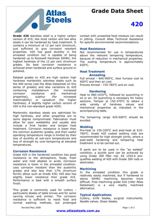 Grade Data Sheet
420
Revised May 2008 Page 1 of 2
www.atlassteels.com.au
Grade 420 stainless steel is a higher carbon
version of 410; like most carbon and low alloy
steels it can be hardened by heat treatment. It
contains a minimum of 12 per cent chromium,
just sufficient to give corrosion resistant
properties. 420 has good ductility in the
annealed condition but is capable of being
hardened up to Rockwell Hardness 50HRC, the
highest hardness of the 12 per cent chromium
grades. Its best corrosion resistance is
achieved when hardened and surface ground or
polished.
Related grades to 420 are high carbon high
hardness martensitic stainless steels such as
the 440 series (see the Atlas Datasheet on this
series of grades) and also variations to 420
containing molybdenum (for increased
corrosion resistance and mechanical
properties), sulphur (for increased
machinability) or vanadium (for higher
hardness). A slightly higher carbon version of
420 is the non-standard grade 420C.
Martensitic stainless steels are optimised for
high hardness, and other properties are to
some degree compromised. Fabrication must
allow for poor weldability and usually also
include a final harden and temper heat
treatment. Corrosion resistance is lower than
the common austenitic grades, and their useful
operating temperature range is limited by their
loss of ductility at sub-zero temperatures and
loss of strength by over-tempering at elevated
temperatures.
Corrosion Resistance
Grade 420 in the hardened condition has good
resistance to the atmosphere, foods, fresh
water and mild alkalies or acids. Corrosion
resistance is lower in the annealed condition.
Less corrosion resistant than the austenitic
grades and also less than 17% chromium
ferritic alloys such as Grade 430; 420 also has
slightly lower resistance than grade 410.
Performance is best with a smooth surface
finish.
This grade is commonly used for cutlery -
particularly blades of table knives and for some
carving knives and similar. The corrosion
resistance is sufficient to resist food and
normal washing methods, but prolonged
contact with unwashed food residues can result
in pitting. Consult Atlas Technical Assistance
for specific environmental recommendations.
Heat Resistance
Not recommended for use in temperatures
above the relevant tempering temperature,
because of reduction in mechanical properties.
The scaling temperature is approximately
650°C.
Heat Treatment
Annealing
Full anneal - 840-900°C, slow furnace cool to
600°C and then air cool.
Process Anneal - 735-785°C and air cool.
Hardening
Heat to 980-1035°C, followed by quenching in
oil or air. Oil quenching is necessary for heavy
sections. Temper at 150-370°C to obtain a
wide variety of hardness values and
mechanical properties as indicated in the
accompanying table.
The tempering range 425-600°C should be
avoided.
Welding
Pre-heat to 150-320°C and post-heat at 610-
760°C. Grade 420 coated welding rods are
recommended for high strength joints, where a
post-weld hardening and tempering heat
treatment is to be carried out.
If parts are to be used in the "as welded"
condition, a ductile joint can be achieved by
using Grade 309 filler rod. AS 1554.6 pre-
qualifies welding of 420 with Grade 309 rods or
electrodes.
Machining
In the annealed condition this grade is
relatively easily machined, but if hardened to
above 30HRC machining becomes more
difficult. Free machining grade 416 (refer Atlas
Datasheet) is a very readily machined
alternative.
Typical Applications
Cutlery, knife blades, surgical instruments.
Needle valves. Shear blades.
 