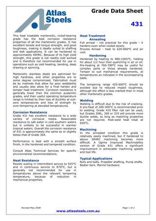 Grade Data Sheet
431
Revised May 2008 Page 1 of 2
www.atlassteels.com.au
This heat treatable martensitic, nickel-bearing
grade has the best corrosion resistance
properties of all the martensitic grades. It has
excellent tensile and torque strength, and good
toughness, making it ideally suited to shafting
and bolt applications. It can be hardened to
approximately 40HRC. Because of its high yield
strength, this grade is not readily cold worked
and is therefore not recommended for use in
operations such as cold heading, bending, deep
drawing or spinning.
Martensitic stainless steels are optimised for
high hardness, and other properties are to
some degree compromised. Fabrication must
be by methods that allow for poor weldability
and usually also allow for a final harden and
temper heat treatment. Corrosion resistance is
generally lower than the common austenitic
grades, and their useful operating temperature
range is limited by their loss of ductility at sub-
zero temperatures and loss of strength by
over-tempering at elevated temperatures.
Corrosion Resistance
Grade 431 has excellent resistance to a wide
variety of corrosive media. Reasonable
resistance to salt water in cold southern waters
but is unlikely to be successful in warmer
tropical waters. Overall the corrosion resistance
of 431 is approximately the same as or slightly
below that of Grade 304.
Performance is best with a smooth surface
finish, in the hardened and tempered condition.
Consult Atlas Technical Services for specific
environmental recommendations.
Heat Resistance
Resists scaling in intermittent service to 925°C
and in continuous service to 870°C, but is
generally not recommended for use in
temperatures above the relevant tempering
temperature, because of reduction in
mechanical properties.
Heat Treatment
Annealing
Full anneal - not practical for this grade - it
hardens even when cooled slowly.
Process Anneal - heat to 620-660°C and air
cool.
Hardening
Hardened by heating to 980-1065°C, holding
for about 1/2 hour then quenching in air or oil.
Pre-heating at 760-790°C may be useful for
complex parts or those already hardened.
Temper to suit mechanical requirements, at
temperatures as indicated in the accompanying
table.
The tempering range 425-600°C should be
avoided due to reduced impact toughness,
although the effect is less marked than in most
other martensitic grades.
Welding
Welding is difficult due to the risk of cracking.
A pre-heat of 200-300°C is recommended prior
to welding. Grade 410 filler rod can be used,
but Grades 308L, 309 or 310 will provide more
ductile welds, so long as matching properties
are not required. Post-weld heat treat at
650°C.
Machining
In the annealed condition this grade is
relatively easily machined, but if hardened to
above 30HRC machining becomes more
difficult. A Ugima Improved Machinability
version of Grade 431 offers a significant
improvement in achievable machining speeds
and tool life.
Typical Applications
Nuts and bolts. Propeller shafting. Pump shafts.
Beater bars. Marine hardware.
 