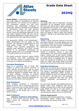 Grade Data Sheet
302HQ
Revised May 2008 Page 1 of 2
www.atlassteels.com.au
Grade 302HQ is a specialised wire grade with
very wide usage for manufacture of stainless
steel fasteners. The inclusion of 3% copper in
the composition reduces the cold work
hardening rate substantially compared to
Grade 304. 302HQ is standard for manufacture
of self-tapping screws and light machine
screws; it is also used for some bolts, set
screws, rivets and specialised fasteners. It has
now totally replaced Grades 384 and 305 for
cold heading applications, copper being a lower
cost alternative to their high nickel contents.
The designation 302HQ is not standardised –
ASTM specifications list the grade as UNS
S30430, and alternative designations for the
same grade include "XM-7", "304Cu" and
"304HQ". The standard specification for
stainless steel fasteners, ISO 3506, includes
302HQ as an acceptable composition for
fastener grade “A2”; it is commonly produced
in strength grades A2-70 and A2-80.
The stable austenitic structure makes 302HQ
non-magnetic, even after substantial cold
work, and also results in excellent toughness,
even down to cryogenic temperatures.
Corrosion Resistance
Equal to or exceeding that of Grade 304.
Subject to pitting and crevice corrosion in
warm chloride environments, and to stress
corrosion cracking above about 50°C. 302HQ is
considered resistant to potable water with up
to about 200mg/L chlorides at ambient
temperatures, reducing to about 150mg/L at
60°C. Consult Atlas Technical Assistance for
specific environmental recommendations.
Heat Resistance
Good oxidation resistance in intermittent
service to 870°C and in continuous service to
925°C. Continuous use of Grade 302HQ in 425-
860°C range is usually safe (free of carbide
precipitation) as the grade has a very low
carbon content.
Heat Treatment
Solution Treatment (Annealing)
Heat to 1010-1120°C and cool rapidly. This
grade cannot be hardened by thermal
treatment.
Welding
Use Grade 308L rods or electrodes. Excellent
weldability by all standard fusion methods,
both with and without filler metals. Because of
its applications this grade is not often welded.
Exceptions are resistance butt welding to join
wires together during wire manufacture, and
when the grade is used to make stud welding
fasteners. 302HQ is not specifically listed in AS
1554.6.
Machining
302HQ is rarely machined, because of its form
and likely products. The grade always has very
low sulphur content as this aids formability, but
unfortunately this also reduces machinability.
Machining is certainly possible.
An Improved Machinability version of Grade
302HQ is produced, having a very high
machinability. This version has a slightly higher
sulphur content and is also calcium treated.
This Improved Machinability grade (referred to
as Ugima 4567) is available only to special
order, but should be considered as an option
where an “18/8” type grade needs to be both
heavily cold formed and extensively machined.
Cold Work Hardening
302HQ has the lowest work hardening rate of
any of the common austenitic stainless steels.
This results in a tensile strength increase of
approximately 8MPa/%Ra (8MPa increase in
tensile strength for each 1% reduction of area
of cold work - this data from wire drawing).
Even after substantial cold work this grade
remains essentially non-responsive to a
magnet.
For some high strength cold headed fasteners a
slightly higher work hardening rate will be
needed, so grade 304 or 304L (or the specialist
grade 304M) will need to be used instead of
302HQ; these have work hardening rates
varying between about 10 and 12.5MPa/%RA.
Typical Applications
All severe cold heading applications, including
self-tapping screws, roofing bolts, machine
screws, bolts, set screws, blind rivets.
 