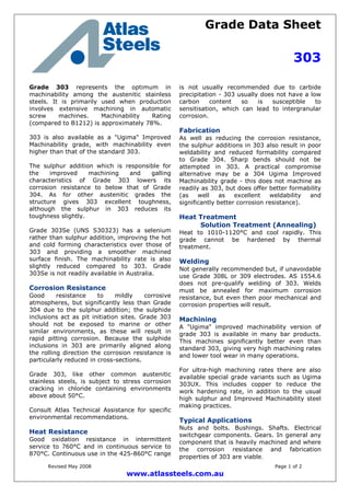 Grade Data Sheet
303
Revised May 2008 Page 1 of 2
www.atlassteels.com.au
Grade 303 represents the optimum in
machinability among the austenitic stainless
steels. It is primarily used when production
involves extensive machining in automatic
screw machines. Machinability Rating
(compared to B1212) is approximately 78%.
303 is also available as a "Ugima" Improved
Machinability grade, with machinability even
higher than that of the standard 303.
The sulphur addition which is responsible for
the improved machining and galling
characteristics of Grade 303 lowers its
corrosion resistance to below that of Grade
304. As for other austenitic grades the
structure gives 303 excellent toughness,
although the sulphur in 303 reduces its
toughness slightly.
Grade 303Se (UNS S30323) has a selenium
rather than sulphur addition, improving the hot
and cold forming characteristics over those of
303 and providing a smoother machined
surface finish. The machinability rate is also
slightly reduced compared to 303. Grade
303Se is not readily available in Australia.
Corrosion Resistance
Good resistance to mildly corrosive
atmospheres, but significantly less than Grade
304 due to the sulphur addition; the sulphide
inclusions act as pit initiation sites. Grade 303
should not be exposed to marine or other
similar environments, as these will result in
rapid pitting corrosion. Because the sulphide
inclusions in 303 are primarily aligned along
the rolling direction the corrosion resistance is
particularly reduced in cross-sections.
Grade 303, like other common austenitic
stainless steels, is subject to stress corrosion
cracking in chloride containing environments
above about 50°C.
Consult Atlas Technical Assistance for specific
environmental recommendations.
Heat Resistance
Good oxidation resistance in intermittent
service to 760°C and in continuous service to
870°C. Continuous use in the 425-860°C range
is not usually recommended due to carbide
precipitation - 303 usually does not have a low
carbon content so is susceptible to
sensitisation, which can lead to intergranular
corrosion.
Fabrication
As well as reducing the corrosion resistance,
the sulphur additions in 303 also result in poor
weldability and reduced formability compared
to Grade 304. Sharp bends should not be
attempted in 303. A practical compromise
alternative may be a 304 Ugima Improved
Machinability grade - this does not machine as
readily as 303, but does offer better formability
(as well as excellent weldability and
significantly better corrosion resistance).
Heat Treatment
Solution Treatment (Annealing)
Heat to 1010-1120°C and cool rapidly. This
grade cannot be hardened by thermal
treatment.
Welding
Not generally recommended but, if unavoidable
use Grade 308L or 309 electrodes. AS 1554.6
does not pre-qualify welding of 303. Welds
must be annealed for maximum corrosion
resistance, but even then poor mechanical and
corrosion properties will result.
Machining
A "Ugima" improved machinability version of
grade 303 is available in many bar products.
This machines significantly better even than
standard 303, giving very high machining rates
and lower tool wear in many operations.
For ultra-high machining rates there are also
available special grade variants such as Ugima
303UX. This includes copper to reduce the
work hardening rate, in addition to the usual
high sulphur and Improved Machinability steel
making practices.
Typical Applications
Nuts and bolts. Bushings. Shafts. Electrical
switchgear components. Gears. In general any
component that is heavily machined and where
the corrosion resistance and fabrication
properties of 303 are viable.
 