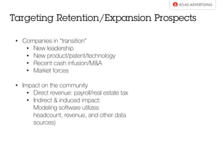 •  Companies in “transition”
•  New leadership
•  New product/patent/technology
•  Recent cash infusion/M&A
•  Market forces
•  Impact on the community
•  Direct revenue: payroll/real estate tax
•  Indirect & induced impact:
Modeling software utilizes
headcount, revenue, and other data
sources)
Targeting Retention/Expansion Prospects
 