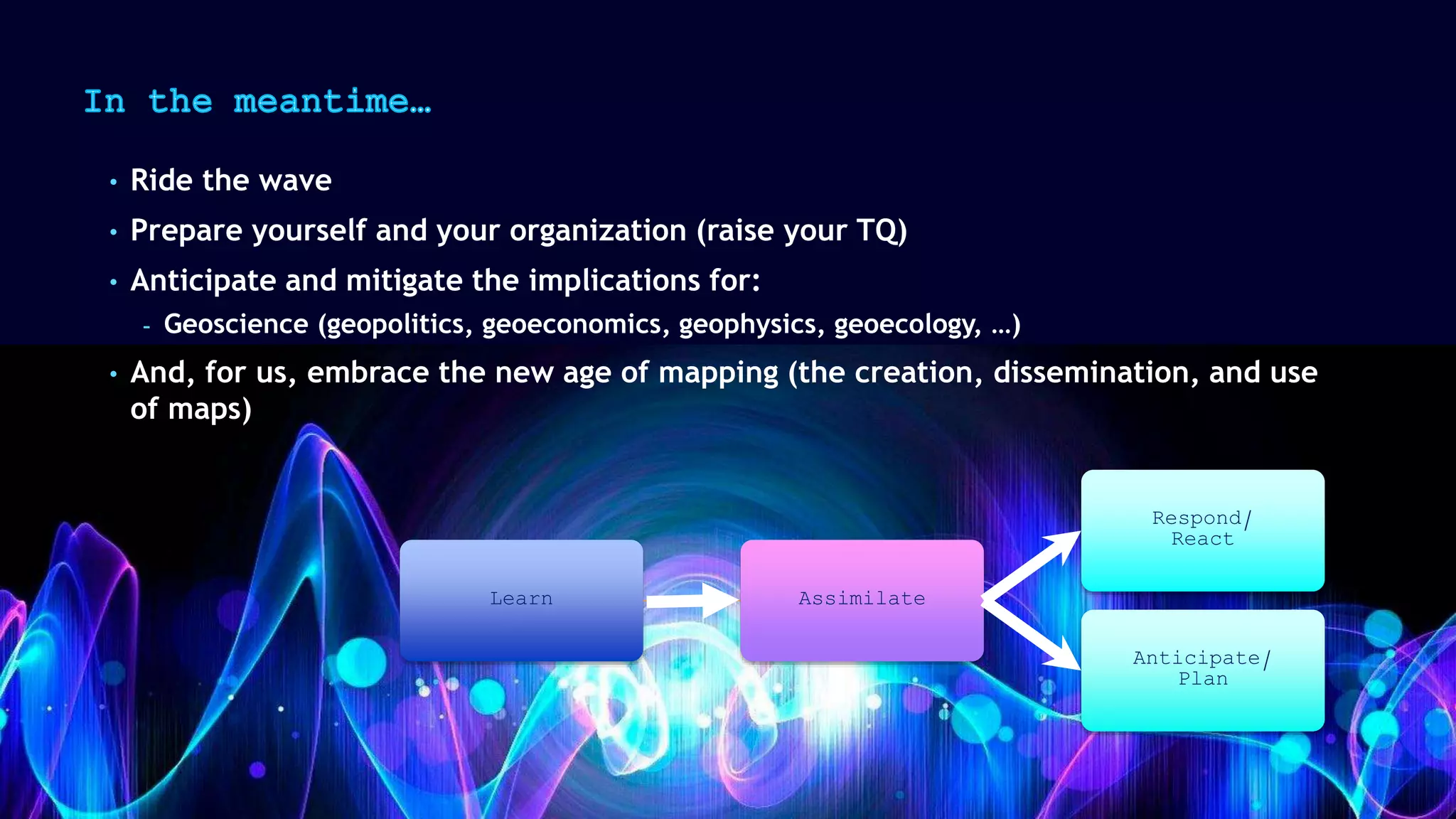 • Ride the wave
• Prepare yourself and your organization (raise your TQ)
• Anticipate and mitigate the implications for:
- Geoscience (geopolitics, geoeconomics, geophysics, geoecology, …)
• And, for us, embrace the new age of mapping (the creation, dissemination, and use
of maps)
Learn Assimilate
Respond/
React
Anticipate/
Plan
 