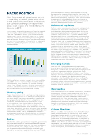 7
MACRO POSITION
Most forecasters tell us we have a secure,
if unexciting, economic growth backdrop
– with only Latin America still in recession
but GDP growth marginally improved or
stable in all regions and with better gains
to come in 2017.
Unfortunately, despite this assessment, financial markets
are viewing the outlook with more trepidation and it is
clear that a whole host of risks could knock us off this
stable growth course. Individually these can be viewed
rationally and the positives and negatives coming from
each recognised. However they are not operating one by
one and it is the cumulative effect which is so sapping to
confidence, particularly so since a number are set to
intensify further.
As if these factors were not enough, other risks could be
around the corner if events don’t go smoothly, whether
that’s deflation, rising inequality, or regional instability.
Hence these risks will demand a strategic response from
investors, with demand for core assets likely to increase
and global diversification to be a higher priority.
Monetary policy
Forget the excitement of oil, espionage and high business,
perhaps the biggest root cause of today’s volatility can be
laid at the door of the world’s central banks thanks to the
changing position of global monetary policy. Currencies
specifically and financial markets generally are caught
in the crossfire as a new normal starts to develop, but
are we at the beginning of the end or merely the end of
the beginning? A programme of QE like we have today has
never been seen before and hence we cannot know what lies
ahead, but should watch for more volatility and a longer race
than many still expect. Talk of more rate rises this year is
already evaporating but as the cycle starts to turn, tensions
will change, with more distressed opportunities emerging.
Politics
Whether it is politics, geo-politics or realpolitik, governments
are at the heart of many of the unknowns we face this year.
While there are initiatives underway that could herald some
improvement, with peace talks in Syria for example, it is
just as likely that these inter-connected issues will pave
the way for an even more uncertain time next year. The US
presidential election is always a major global focus but
Europe may be more significant whatever the result of the
UK referendum. Indeed, the EU is under pressure as never
before, with immigration bottlenecks in the Balkans, Greece
struggling with its latest bailout, Ukraine no closer to a
solution, Spain and Portugal with new governments and
elections drawing closer in France and Germany.
Reform and regulation
Reform is a key area impacting the market, both positively
when we look at countries such as India and Spain but
also negatively as increased regulation adds to cost and
business complexity. Positive reforms will be something
investors watch closely and a key factor differentiating
between opportunities in many instances. Innovation may
also lead to improvements in business efficiency, with the
growth of non-traditional lending platforms an example.
However, these may be outweighed by increased regulation,
which could add to costs and reduce risk taking to the point
where early-stage ideas are stifled. While the fear of new
regulations can be worse than the reality, Basle III and
Solvency II are cases in point, where aims are admirable but
the results could distort activity and raise costs. Another
example may be the OECD’s Base Erosion and Profit Sharing
project (BEPS) which aims to cut tax avoidance and treaty
abuse; however, it also could have a significant impact on
REITs and fund managers, as the benefits of leverage will be
impacted and tax leakage will rise, with multijurisdictional
investment platforms particularly hit.
Emerging markets
One area that could give some upside surprises is
emerging markets. While developed markets are likely
to again out-perform this year, for some emerging markets,
conditions are already brighter, most notably those
embracing reform like India, the Philippines and Mexico.
Stronger demand from developed markets will help further,
and we may be drawing near a potential end to the
slowdown – even if stability is the best we can hope for
short term in markets like Brazil and Russia. Interest is
increasing among investors, and while a short-term bounce
looks unlikely, there is clear potential for a sustainable base
to be set in values later this year.
Commodities
Low commodity prices are a double edged sword, penalising
producers but befitting consumers and that looks set to
continue for longer than expected with a recovery in prices
unlikely this year, with many markets still oversupplied,
weaker demand in China, a strong dollar, Iranian exports
to recommence and weaker investment demand. However,
as these factors germinate we are seeing the first moves
towards co-ordination on production which may pave the
way for greater stability later this year.
Chinese Slowdown
China is one of the first risk factors many think of in today’s
global economy, blamed for low oil prices, stock market
volatility and weaker growth in markets from Germany to
Brazil. However, does it deserve to be on the list as a key
driver of risk or should it be congratulated for managing its
huge economy’s continued development? After all, growth
of 7% in China throws up activity equivalent to creating a new
Netherlands. The changes being seen may be clumsy at times
and certainly add to global volatility but they are necessary,
and in the long term, desirable for the world economy.
	 ATLAS OUTLOOK 7
AnnualGrowth
Asia
Paciﬁc
Africa Middle
East
North
America
Eastern
Europe
Latin
America
Western
Europe
-2.0%
1.0%
0.0%
-1.0%
2.0%
3.0%
5.0%
4.0%
Fig 7: ECONOMIC GROWTH AND EXPECTATIONS
Source: Cushman & Wakefield, Oxford Economics
2015 2016 2017
 