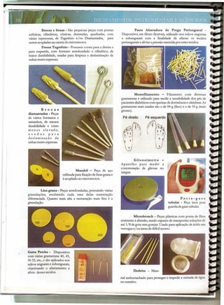 Brocas e fresas - São pequenas peças com pontas
esféricas, cilíndricas, cônicas, denteadas, quadradas, com
várias espessuras, de Tugstênio e/ou Diamantadas, para
serem acopladas na caneta do micromotor.
Fresas Tugstênio - Possuem cortes para a direita e
para esquerda, com formato arredondado e cilíndrico, de
maior durabilidade, usadas para limpeza e deslaminação de
unhas muito espessas.
Brocas
diamantadas - Peças
de vários formatos e
tamanhos, de menor
durabilidade e custo
menos elevado,
usadas para
deslaminação de
unhas muito espessas.
Mandril - Peça de aço
utilizada para fixação de lixas grana e
é acoplado no micromotor.
Lixa grana - Peças arredondadas, possuindo várias
granulações, recebendo cada uma delas' numeração
diferenciada. Quanto mais alta a numeração mais fina é a
granulação.
"
.
Gutta Percha - Dispositivo
com várias gramaturas 40, 45,
50 55, etc., e são aplicados nos
sulcos ungueais e subungueais,
objetivando o afastamento e
alívio destes tecidos.
•
Pasta Mastadora de Prega Periungueal -
Dispositivo, em filetes flexíveis, utilizado nos sulcos ungueias
e subungueais com a finalidade de afastar os tecidos
periungueais e aliviara pressão exercida por estes tecidos.
Monofilamento - Filamento com diversas
gramaturas e utilizado para medir a sensibilidade dos pés de
pacientes diabéticos com queixas de dormência e câimbras. As
gramaturas mais usadas são o de 04 g (fino) e o de 10 g (mais
grosso).
Pé direito
Glicosímetro -
Aparelho para medir a
concentração de glicose no
sangue.
Porta-gase
tubular - Peça inox par;:t
guarda de gaze tubular.
Microbrusch - Peças plásticas com ponta de fibra
resistente à abrasão, sendo capazes de transportar soluções de
até 1/8 de gota sem gotejar. Usado para aplicação de ácido em
verrugas e/ ou áreas de difícil acesso.
Dedeira - Mate-
rial emborrachado para proteger e impedir a entrada de água
no curativo.
 
