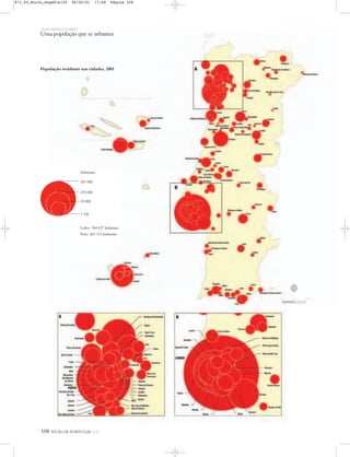 OS HOMENS E O MEIO
Uma população que se urbaniza
108 ATLAS DE PORTUGAL IGP
População residente nas cidades, 2001
Habitantes
565 000
270 000
50 000
1 336
Lisboa: 564 657 habitantes
Porto: 263 131 habitantes
N
0 25 50 km
871_05_Miolo_Pags81a130 06/02/01 17:28 Página 108
 