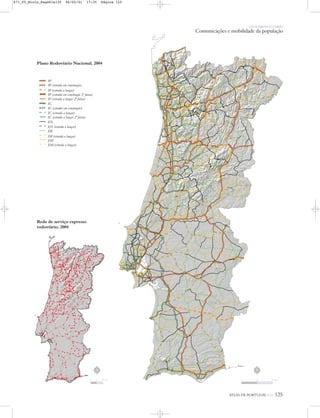 ATLAS DE PORTUGAL IGP 125
Plano Rodoviário Nacional, 2004
Rede de serviço expresso
rodoviário, 2004
OS HOMENS E O MEIO
Comunicações e mobilidade da população
IP
IP (estrada em construção)
IP (estrada a lançar)
IP (estrada em construção 2ª faixa)
IP (estrada a lançar 2ª faixa)
IC
IC (estrada em construção)
IC (estrada a lançar)
IC (estrada a lançar 2ª faixa)
EN
EN (estrada a lançar)
ER
ER (estrada a lançar)
EM
EM (estrada a lançar)
N
0 25 50 km
N
0 25 50 km
871_05_Miolo_Pags81a130 06/02/01 17:35 Página 125
 