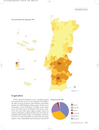 A agricultura
Desde a adesão de Portugal à ex-CEE, a produção agrícola
tem crescido menos do que a oferta alimentar. O resultado é
um défice crescente do grau de auto-suficiência em produtos
agrícolas. Em 2002 Portugal produziu apenas 1/4 dos cereais
consumidos, cerca de 2/5 do trigo e do milho, 1/3 das oleagi-
nosas e do vinho de mesa, 2/3 da batata, 4/5 dos frutos e meta-
de do arroz, para referir apenas alguns exemplos. Houve no
entanto excedentários em alguns produtos tais como vinhos de
qualidade (mais do dobro do que os consumidos) e hortícolas,
(cerca de vez e meia); havia défice nas carnes de bovino, suíno,
caprino e ovino, cuja produção representou pouco mais de 3/5
Terra arável dentro das explorações, 1999
O PAÍS SOCIOECONÓMICO
Actividades da terra
ATLAS DE PORTUGAL IGP 139
%
100
75
50
30
15
Sem terra arável
Outras áreas: 1,2
Improdutivos: 1,7
Áreas sociais: 2,8
Incultos: 23,1
Agricultura: 33,5
Floresta: 37,7
%
N
0 25 50 km
Ocupação do solo, 1999
871_05_Miolo_Pags131a174 06/02/02 9:29 Página 139
 
